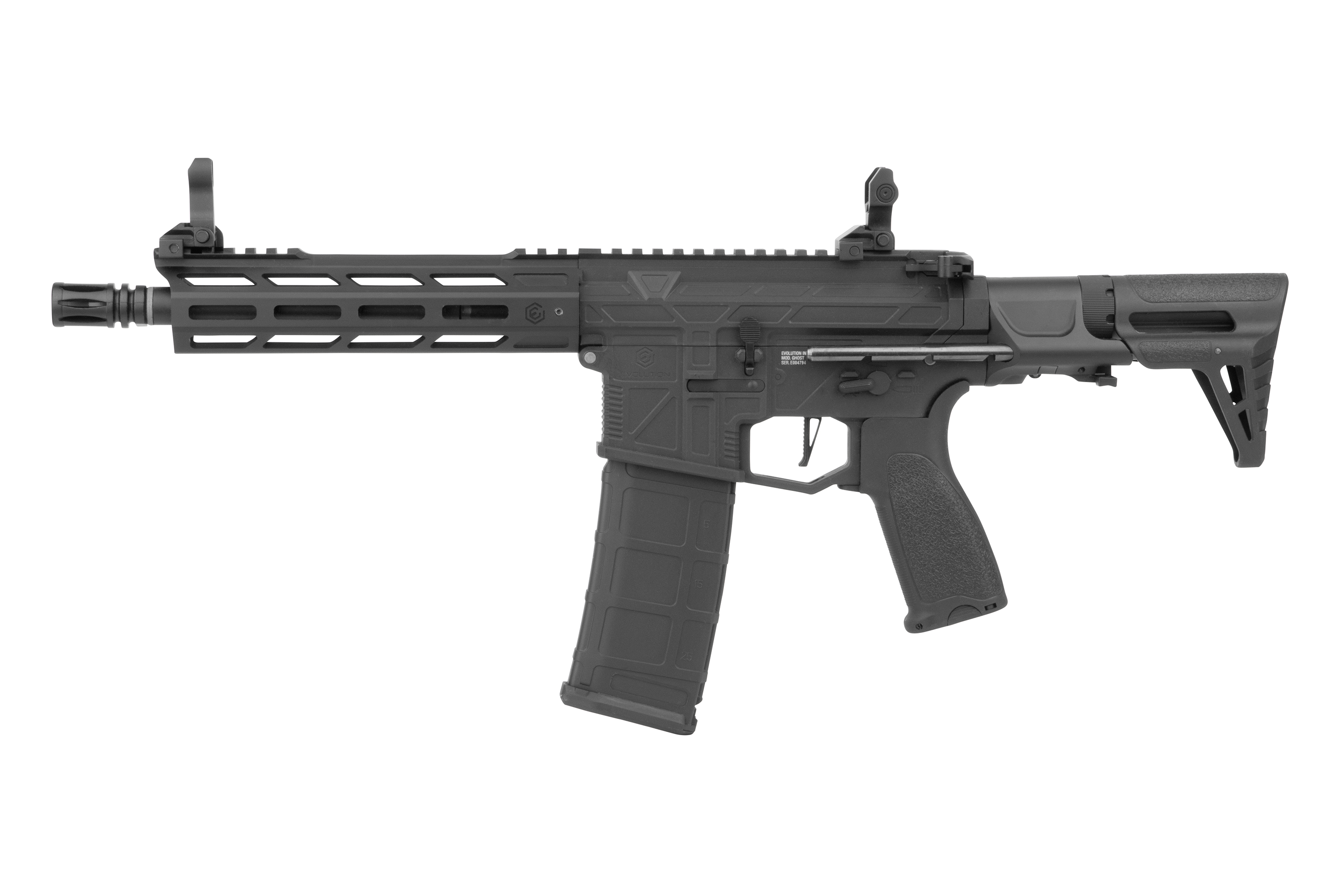 Schwarzes Evolution Airsoft Recon S-Luftgewehr mit M-LOK-Handschutz, verstellbarem Schaft und hochklappbarem Visier auf weißem Hintergrund.