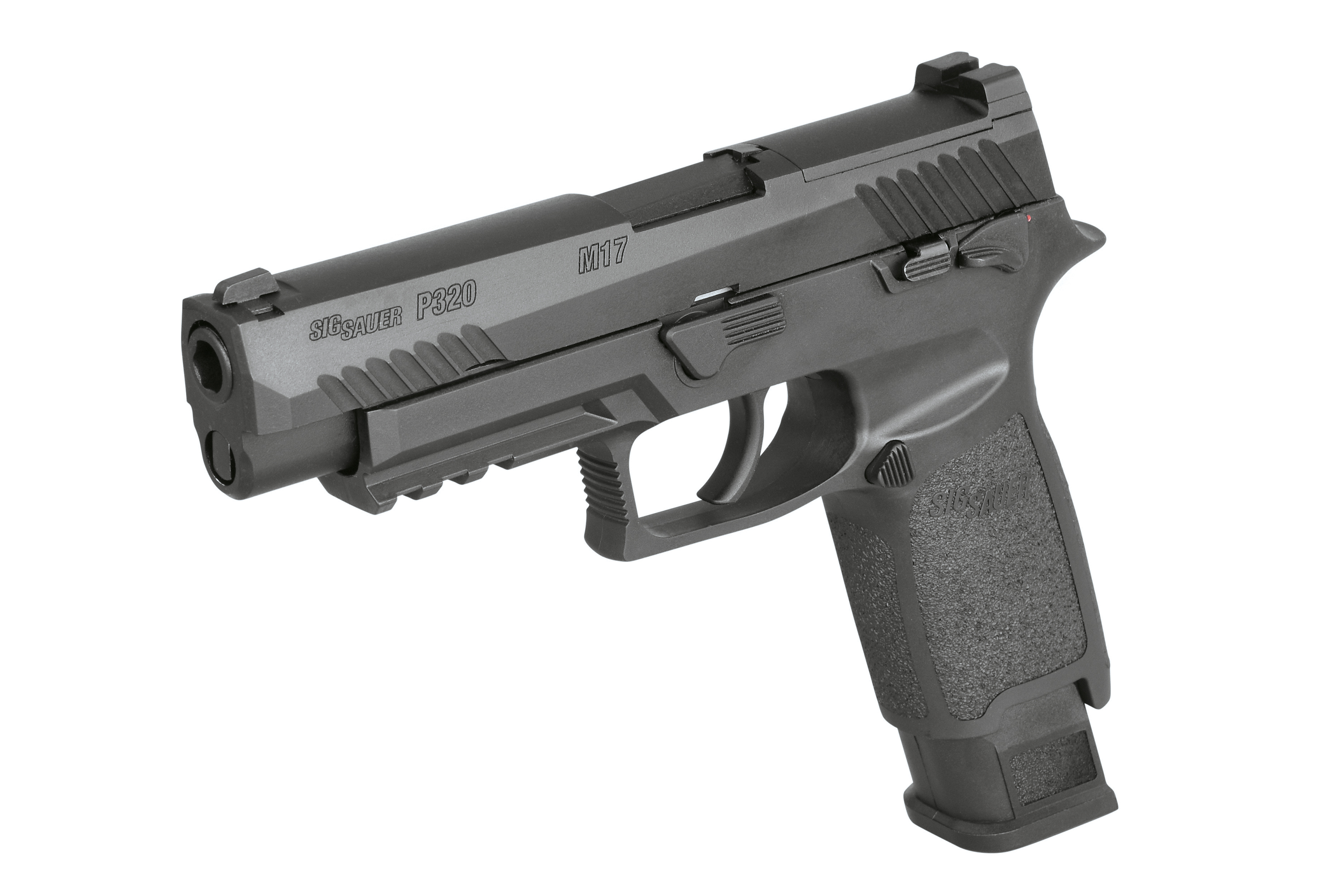 Schwarze Sig Sauer P320 M17 Luftpistole mit strukturiertem Griff, Zubehörschiene und Metallschlitten auf weißem Hintergrund.
