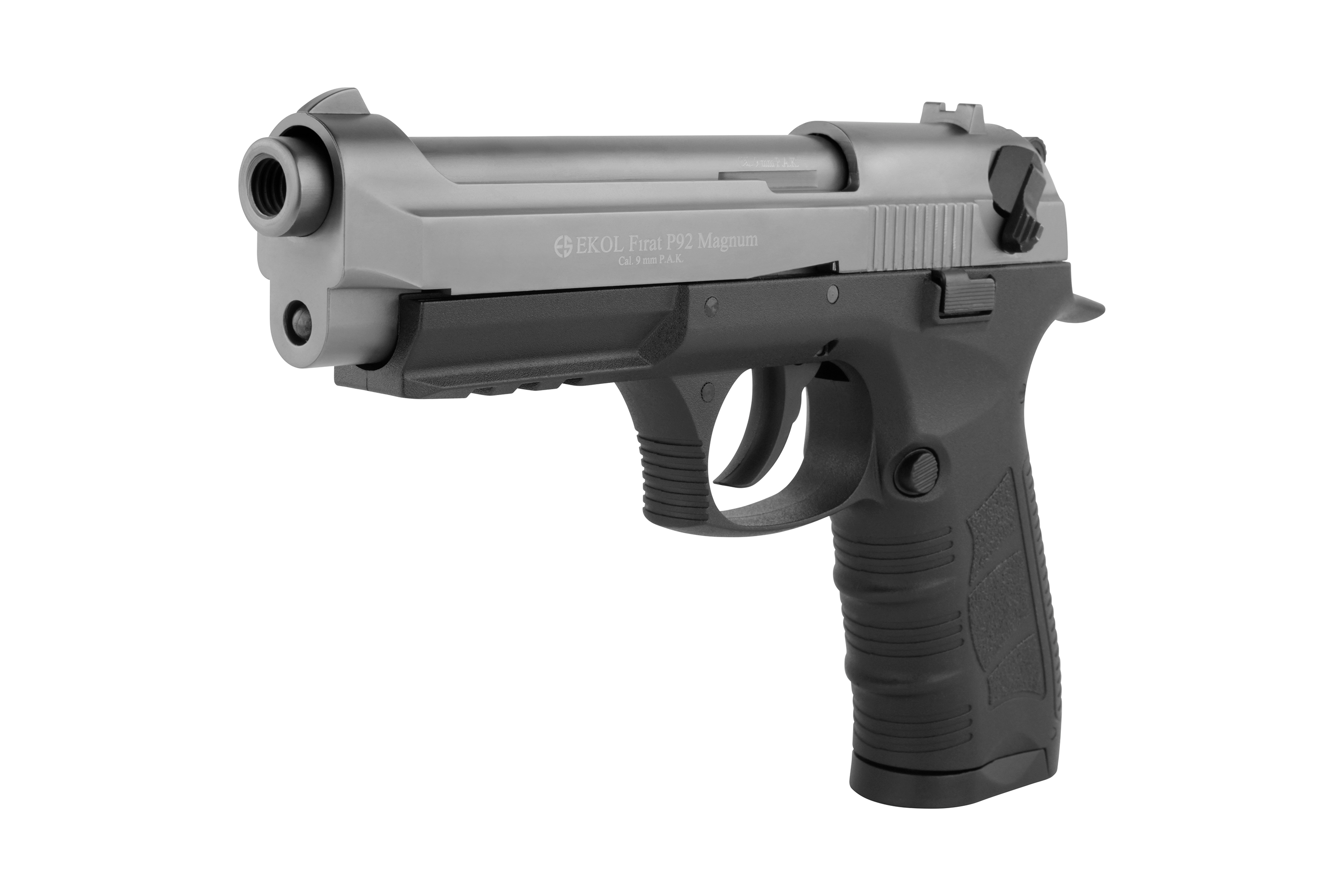 EKOL Firat 92 Magnum Luftpistole in Silber und Schwarz mit strukturiertem Griff und taktischem Design.