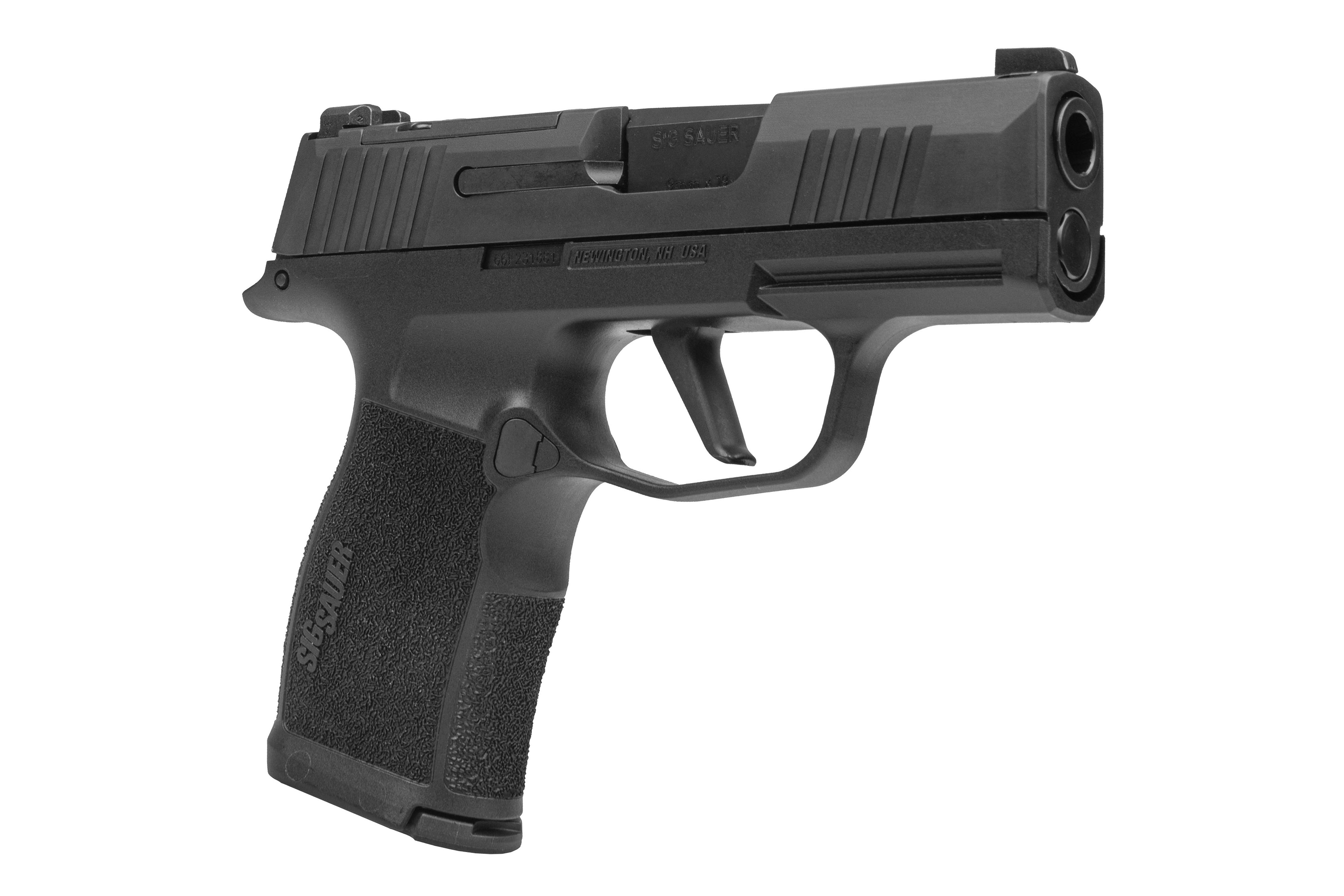 Sig Sauer P365 Luftpistole in Schwarz mit strukturiertem Griff und kompaktem Design für Schusswaffenliebhaber.
