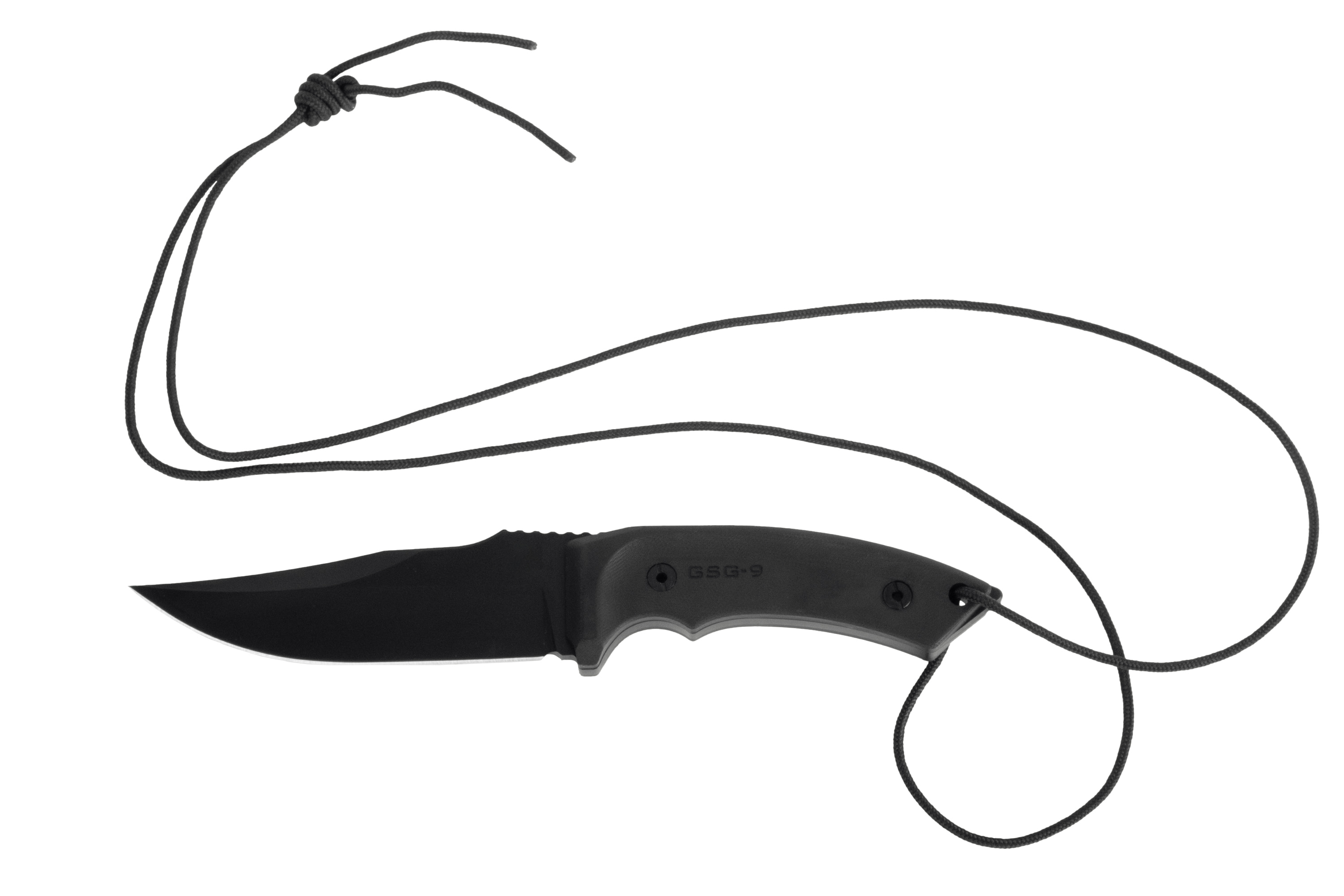 Schwarzes taktisches Halsmesser GSG-9 mit feststehender Klinge, ergonomischem Griff und schwarzem Paracord-Umhängeband zum einfachen Tragen.