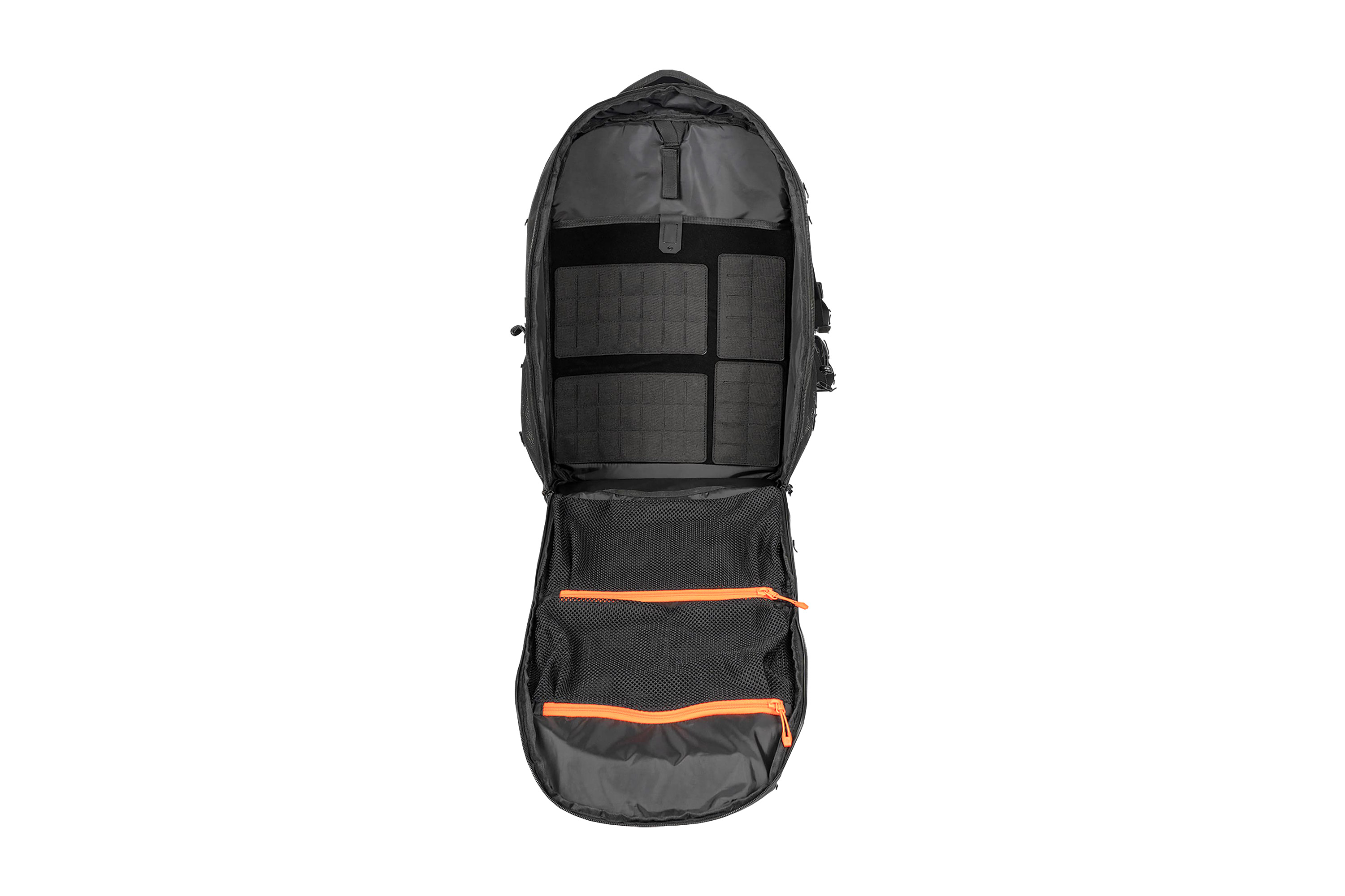 Offener schwarzer taktischer Rucksack mit internen MOLLE-Einsätzen und zwei Netztaschen mit leuchtend orangefarbenen Reißverschlüssen.