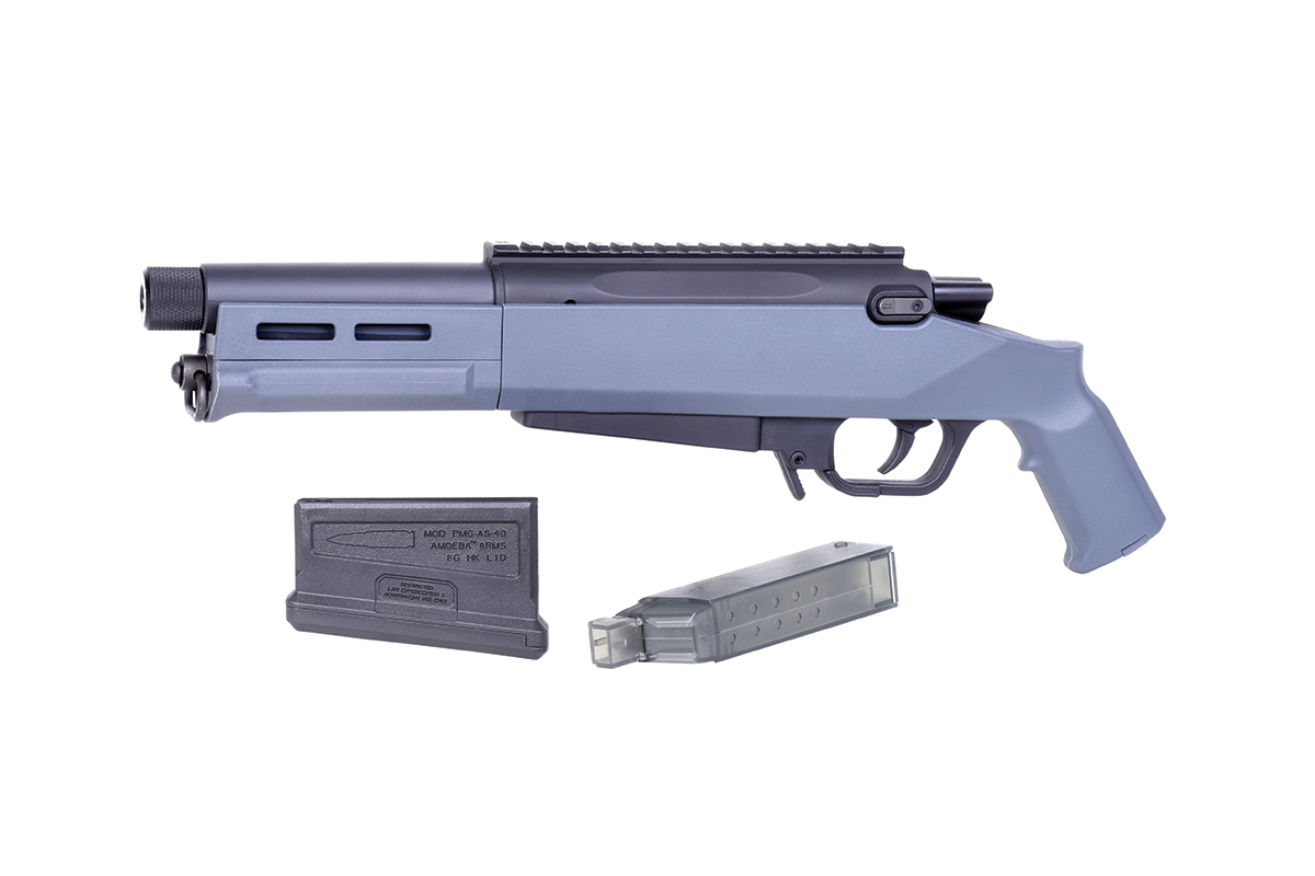 Graues Luftgewehr mit verstellbarem Schaft, Magazin und Schienensystem für die Optik, ideal für Schießbegeisterte.