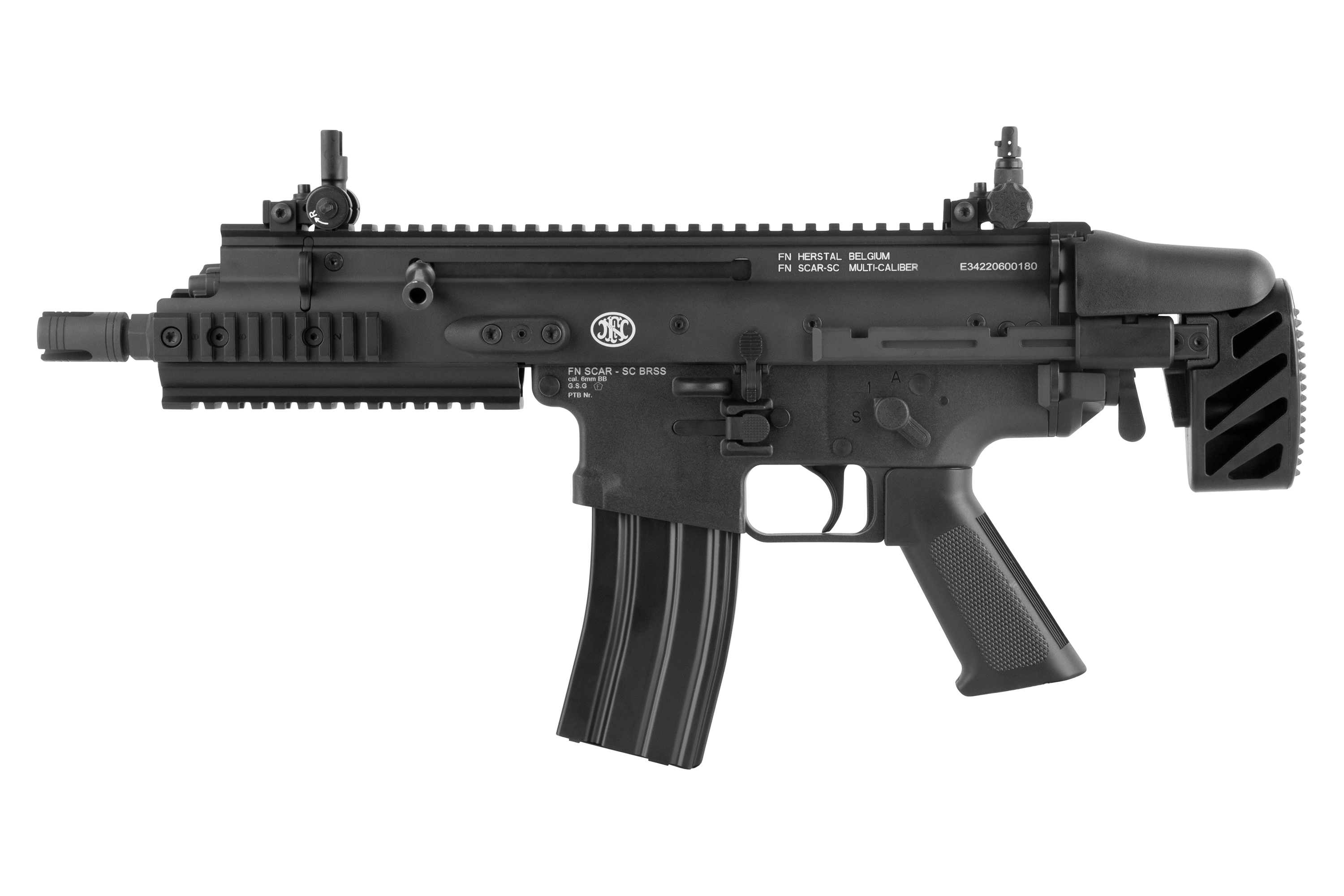 Schwarzes Airsoft-Gewehr FN Herstal SCAR-SC BRSS mit 6-mm-BB-Kaliber, taktischem Design und verstellbarem Schaft.