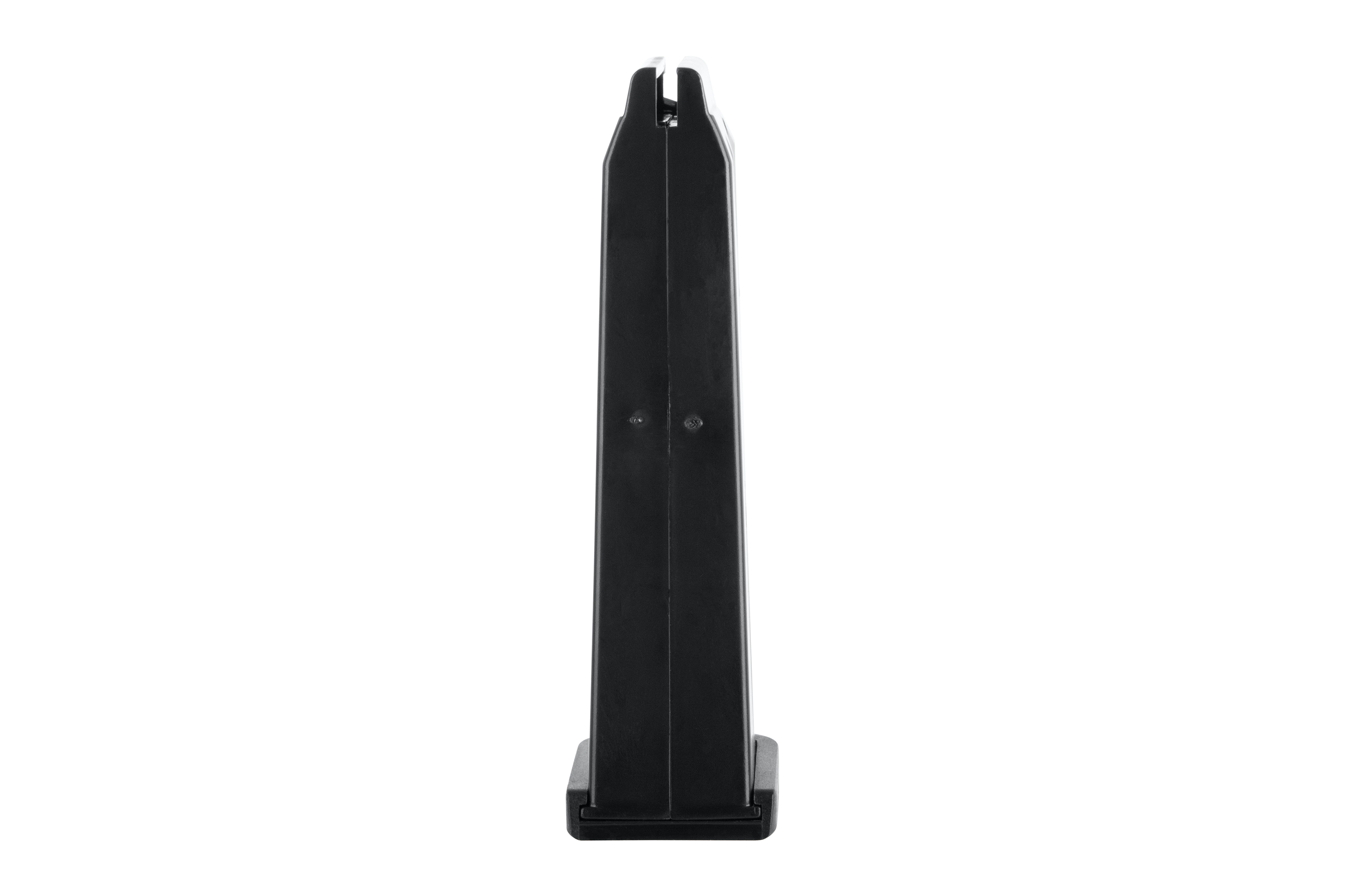 Ein schwarzes, schlankes, vertikales Luftpistolenmagazin aus strapazierfähigem Polymer, von vorne vor weißem Hintergrund dargestellt.