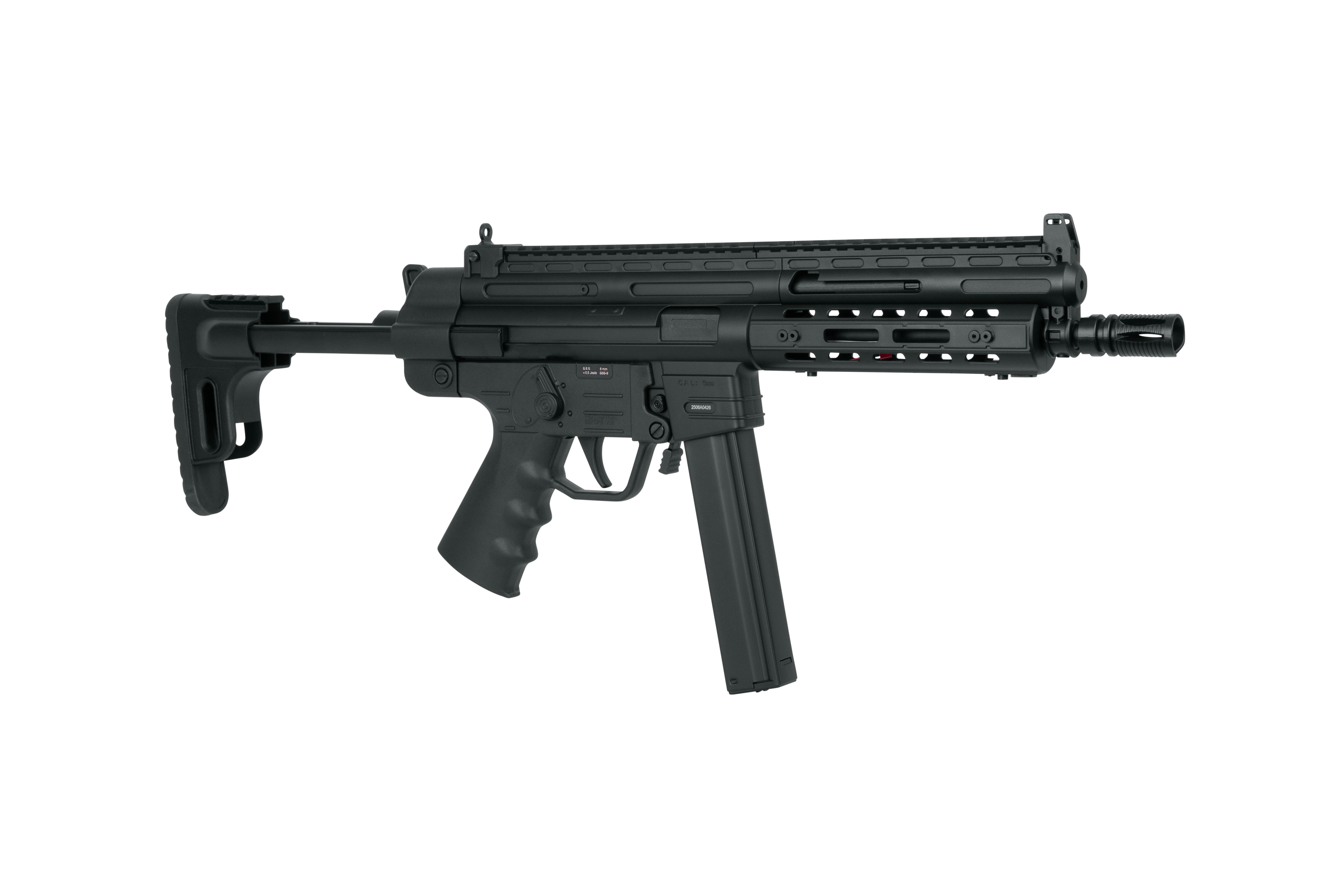 Schwarzes Luftgewehr im taktischen Design, verstellbarem Schaft und Picatinny-Schiene für die Optik.