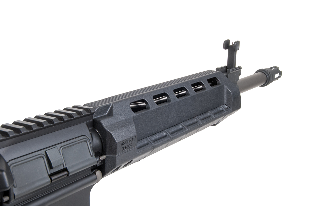 Ares Amoeba DH-002 Handschutz aus schwarzem Polymer für Airsoft-Gewehre mit taktischem Design und integriertem Schienensystem.