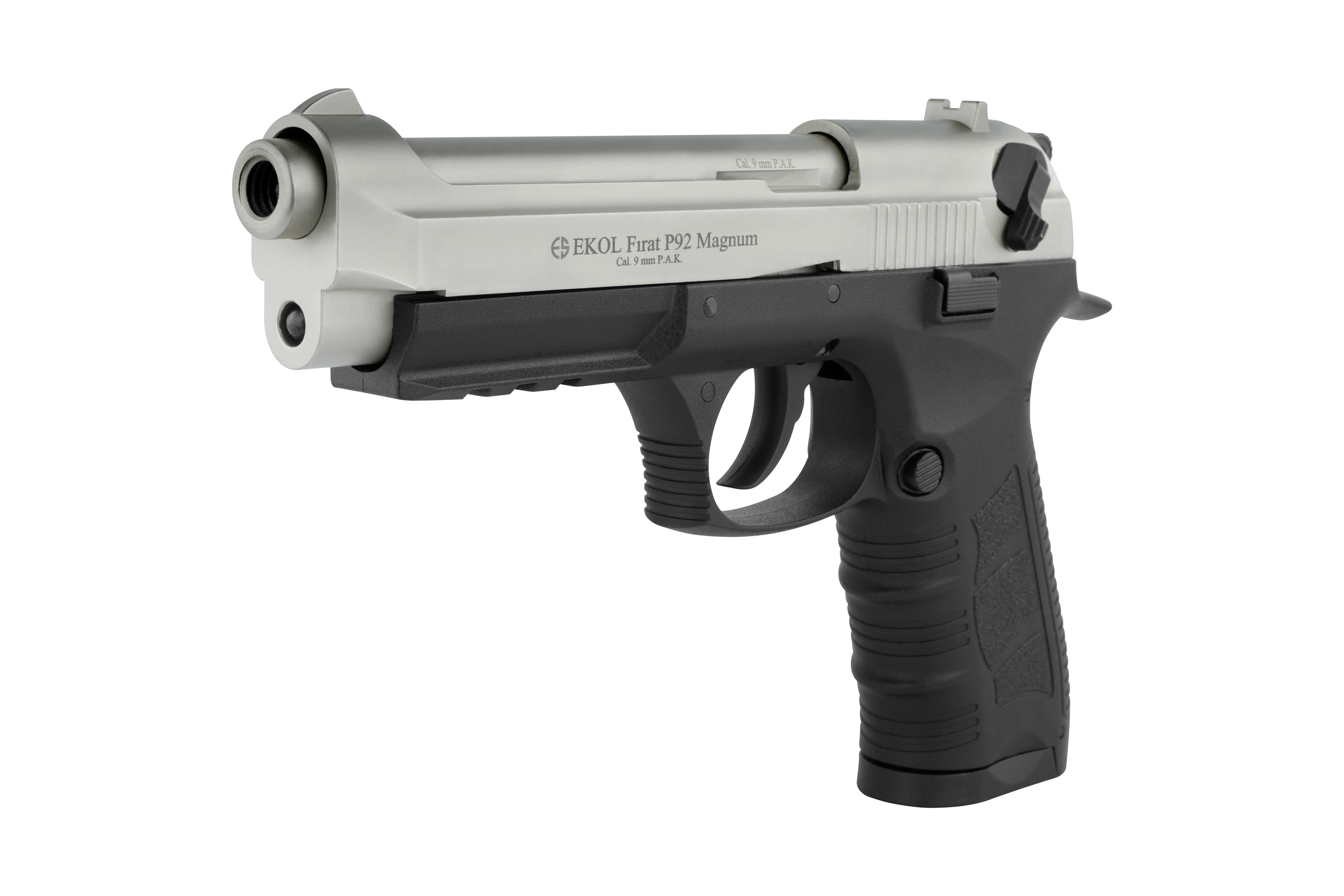 EKOL Firat P92 Magnum Luftpistole in Silber und Schwarz mit strukturiertem Griff und taktischem Design.