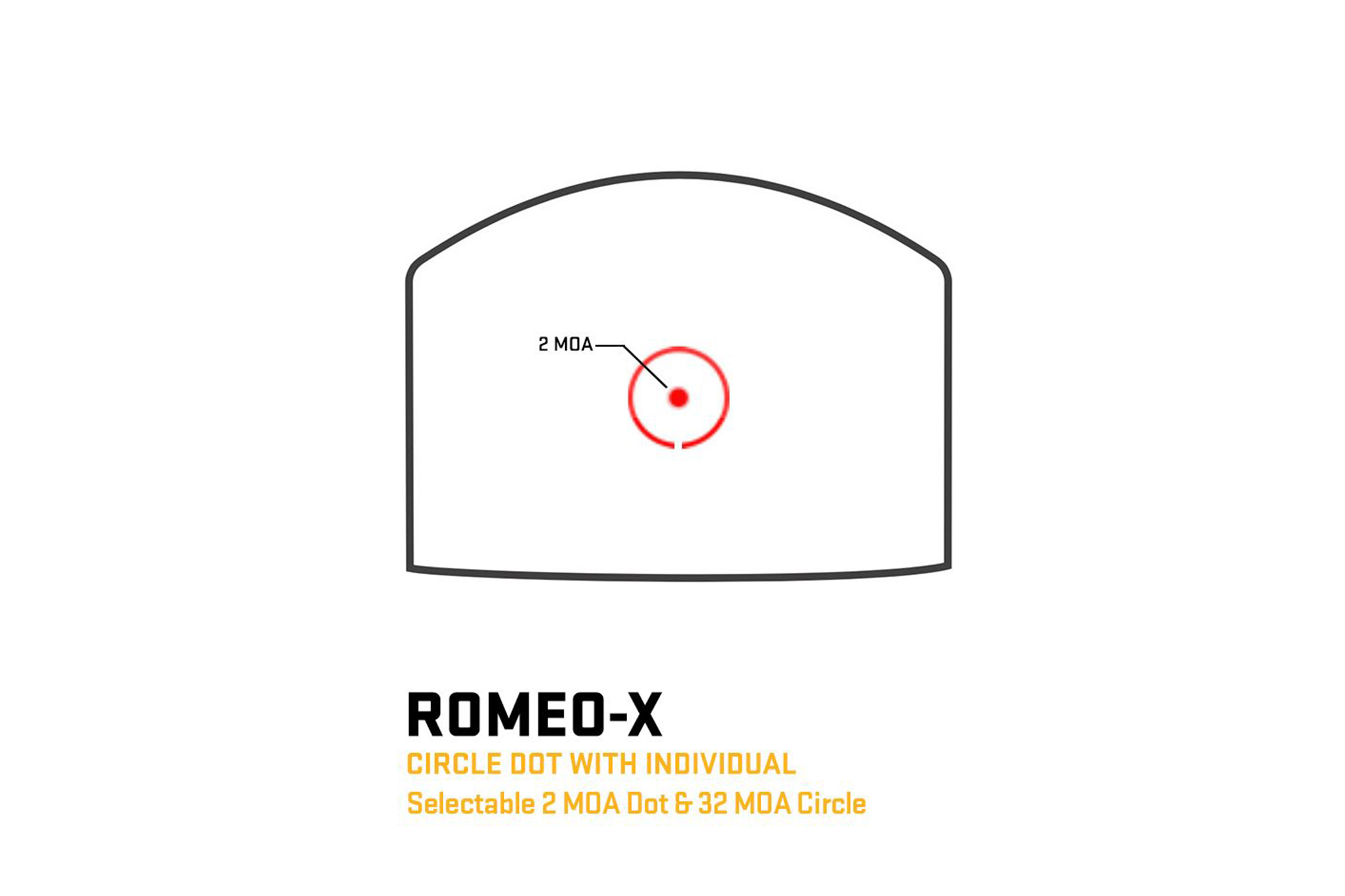 Sig Sauer ROMEO-X Rotpunktvisier-Absehengrafik mit einem wählbaren 2 MOA-Mittelpunkt und einem 32 MOA-Außenkreis.