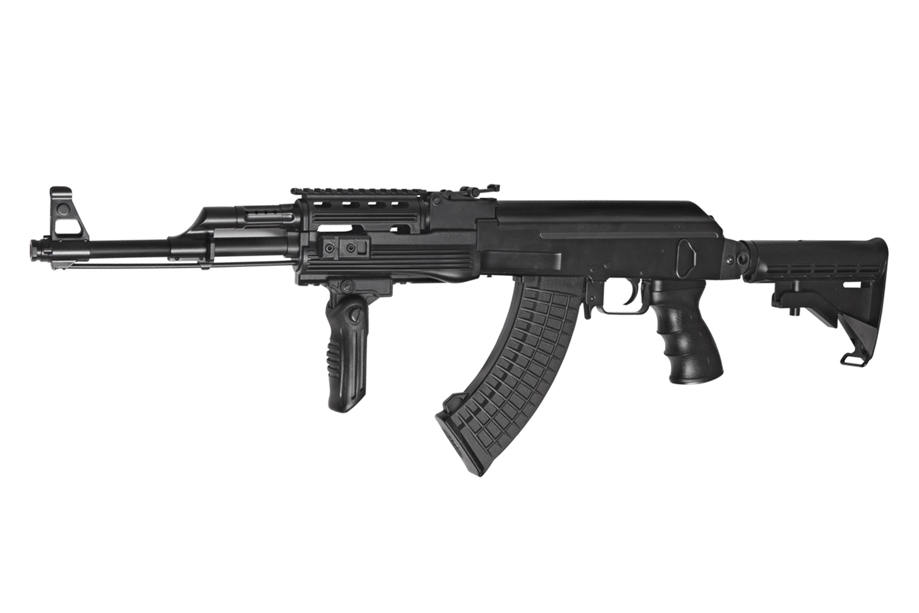 Schwarzes taktisches Luftgewehr im AK-Stil mit verstellbarem Schaft, vertikalem Vordergriff und Schienensystem für Schusswaffenliebhaber.