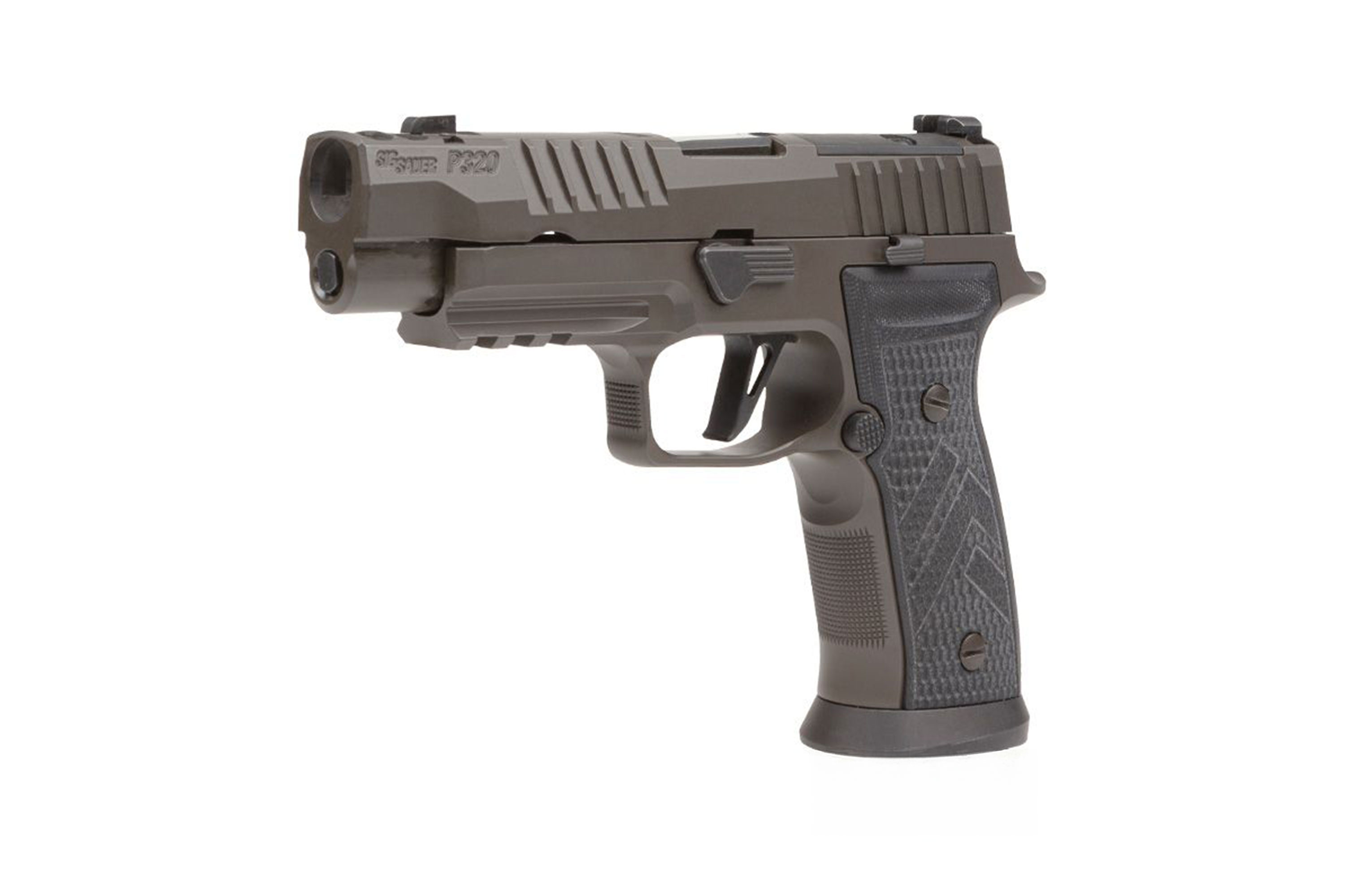 Sig Sauer P320 Luftpistole in Dunkelgrau mit strukturiertem Griff und taktischem Design.