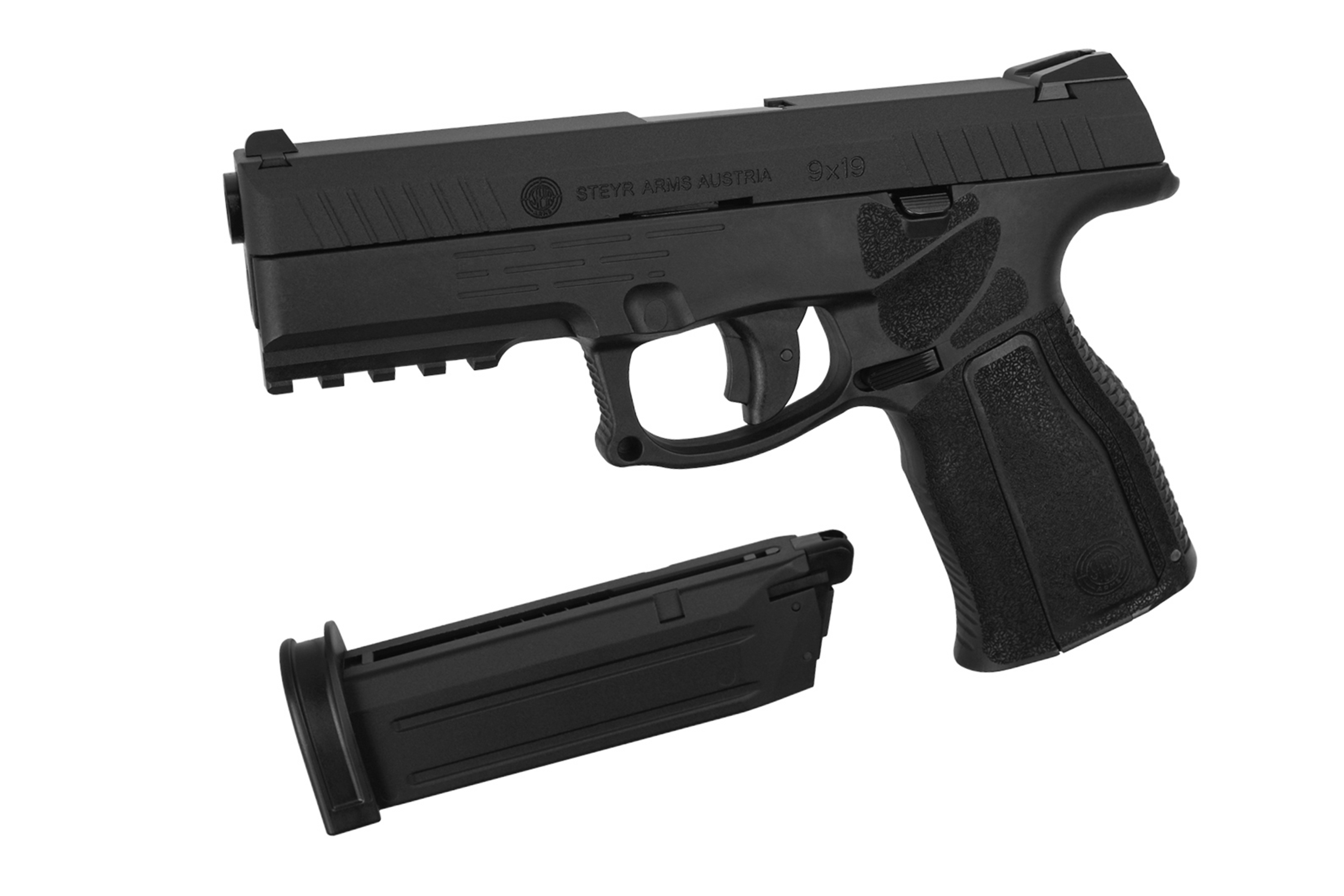 Steyr Arms S9-A1 Luftpistole in Schwarz mit abnehmbarem Magazin, konzipiert für Präzisionsschüsse.
