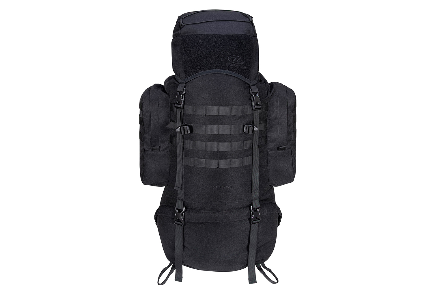 Schwarzer taktischer Highlander Forces 66-Rucksack mit Seitentaschen, MOLLE-Gurtband und verstellbaren Trägern auf weißem Hintergrund.