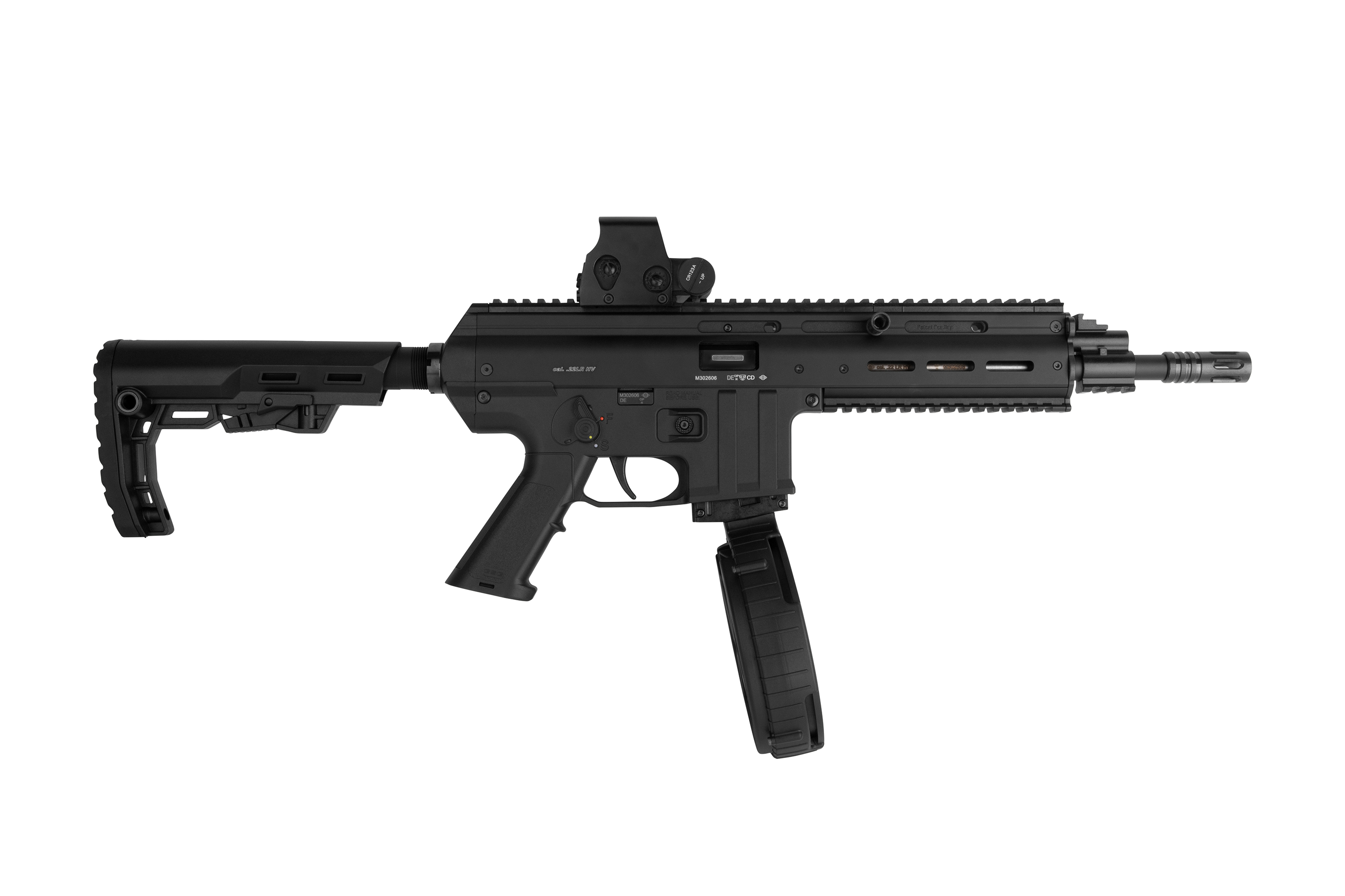 Schwarzes Luftgewehr mit verstellbarem Schaft und taktischer Schiene für die Optik, ideal für Schießbegeisterte.