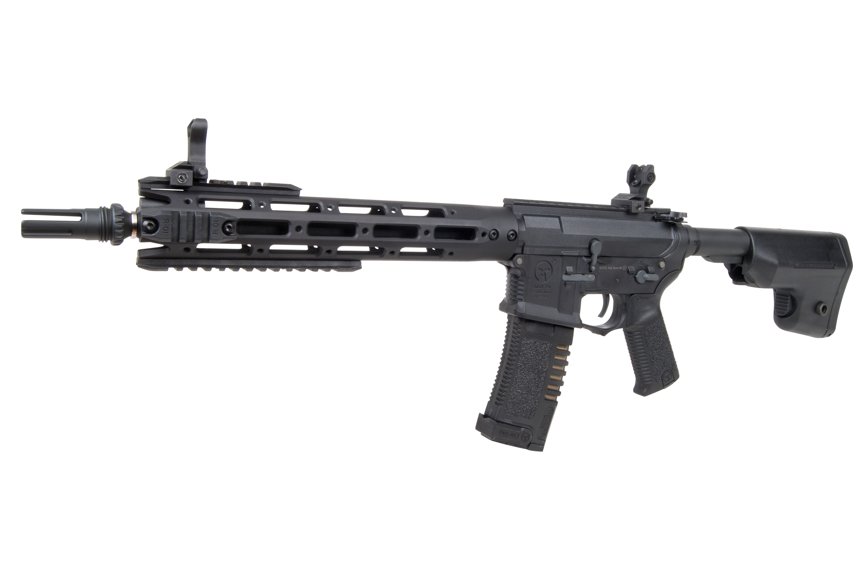 Schwarzes Delta Armory AR-15 Airsoft-Gewehr mit M-LOK-Handschutz, verstellbarem Schaft und taktischem Visier auf weißem Hintergrund.