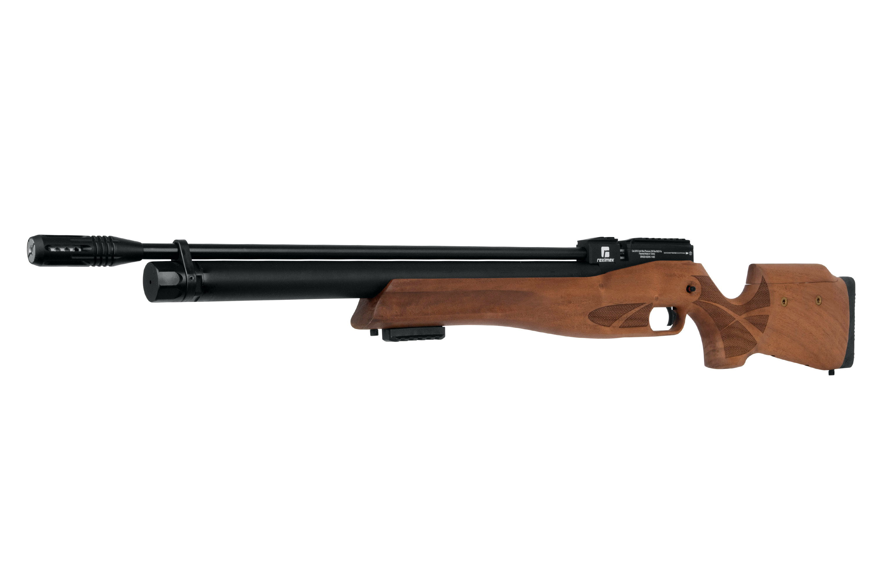 Hochwertiges Luftgewehr mit schwarzem Lauf und Holzschaft, ideal für Präzisionsschießen.
