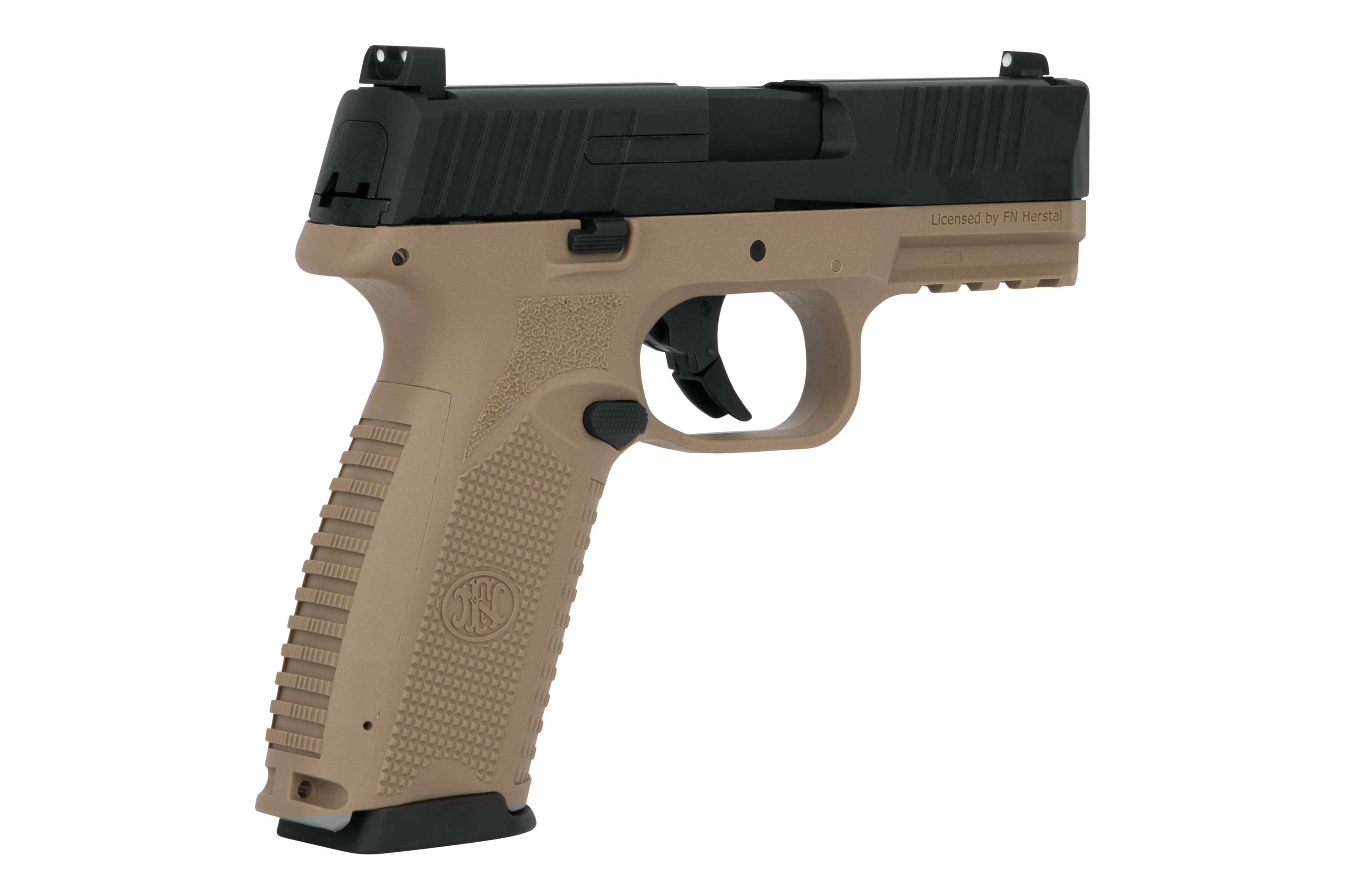 Von FN Herstal lizenzierte Luftpistole in Hellbraun mit strukturiertem Griff und schwarzem Schlitten, ideal für Enthusiasten.