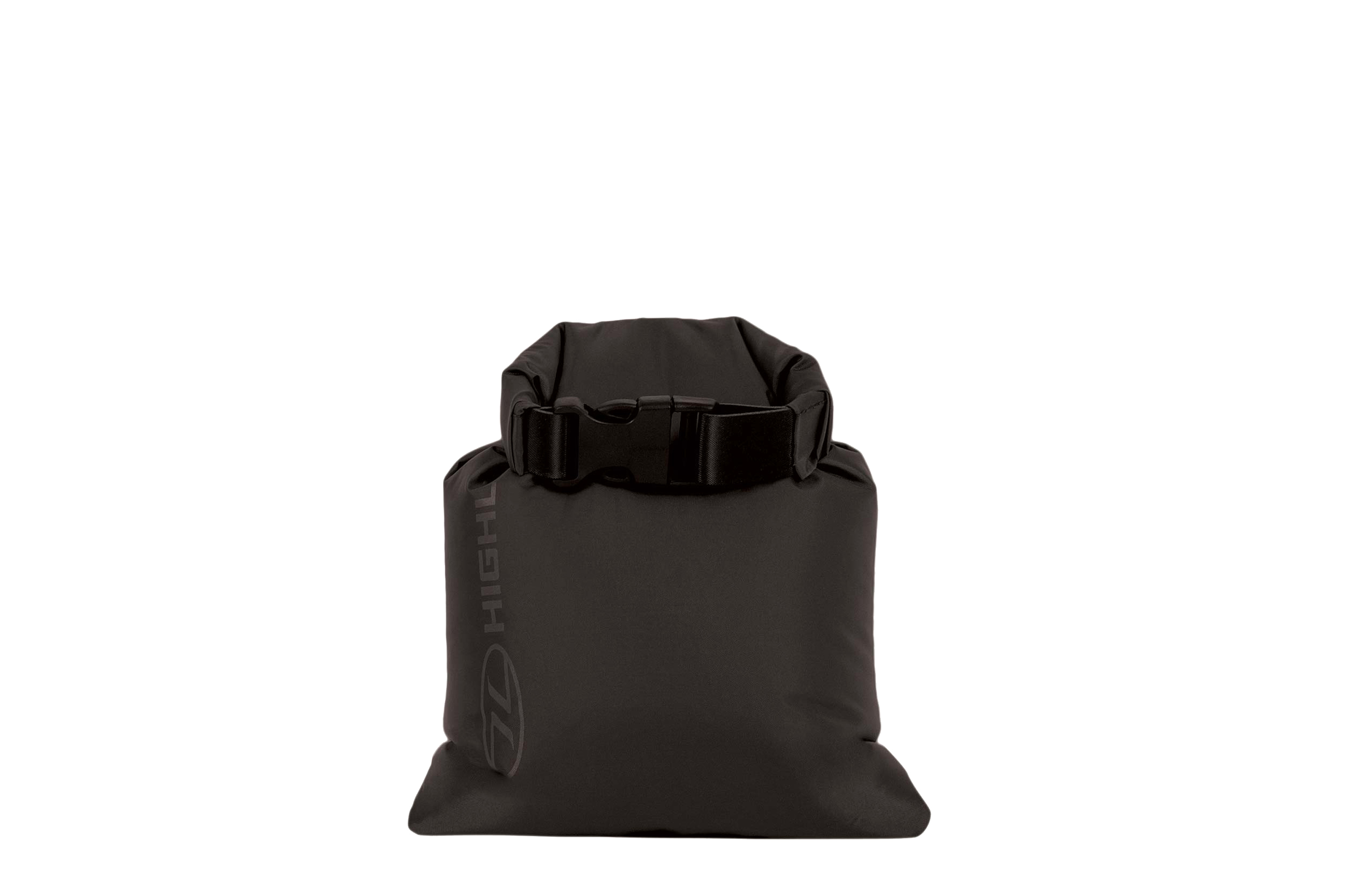 Ein schwarzer, wasserdichter Packsack mit Rollverschluss und Kunststoffschnalle sowie dem Highlander-Logo an der Seite.