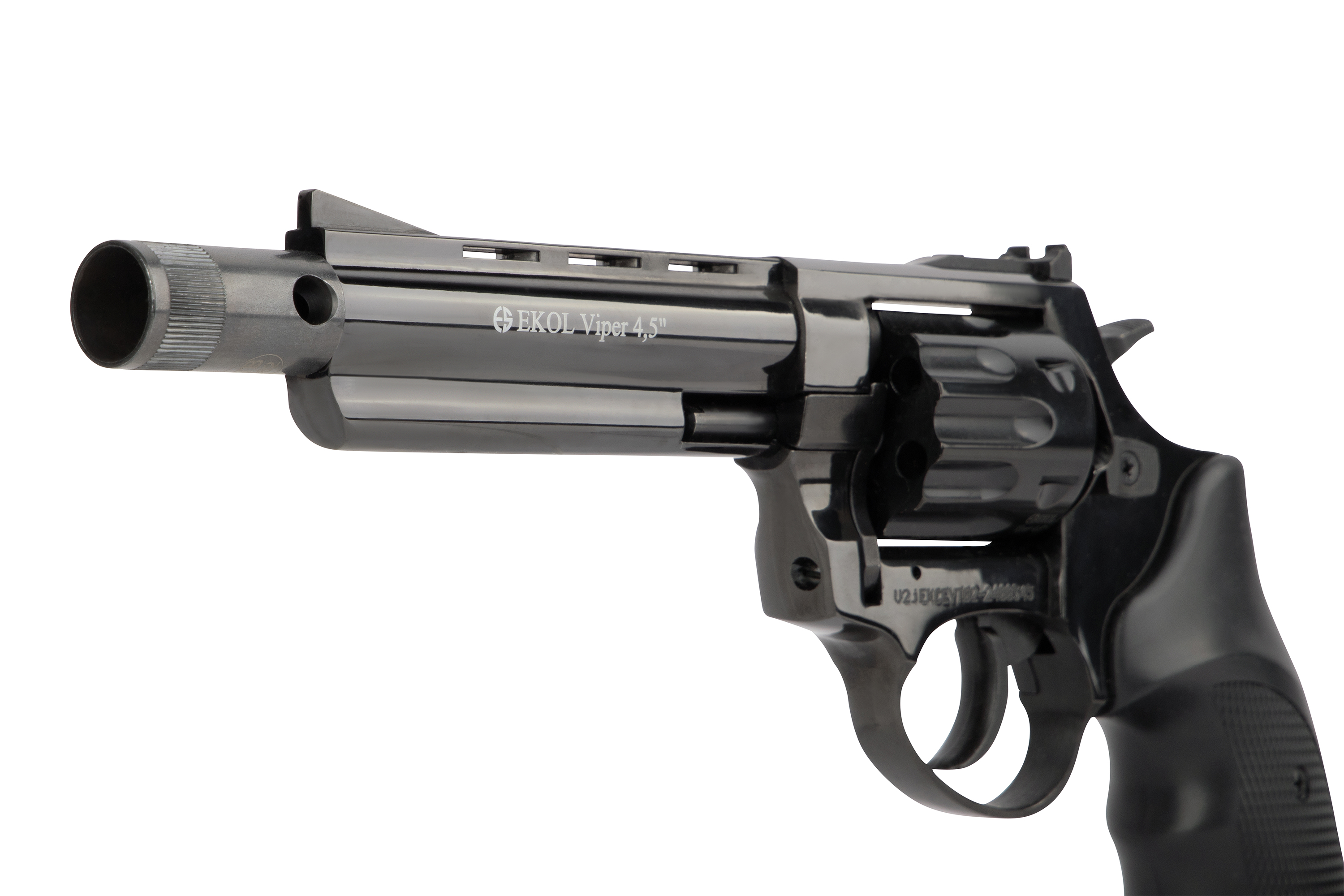 EKOL Viper 4.5 Luftpistole mit elegantem schwarzem Finish und detailliertem Laufdesign, ideal für Enthusiasten.