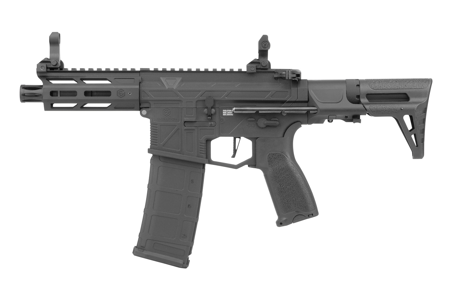 Evolution Airsoft Ghost S schwarzes Karabiner-Luftgewehr mit M-LOK-Handschutz, verstellbarem Schaft und hochklappbarem Eisenvisier.