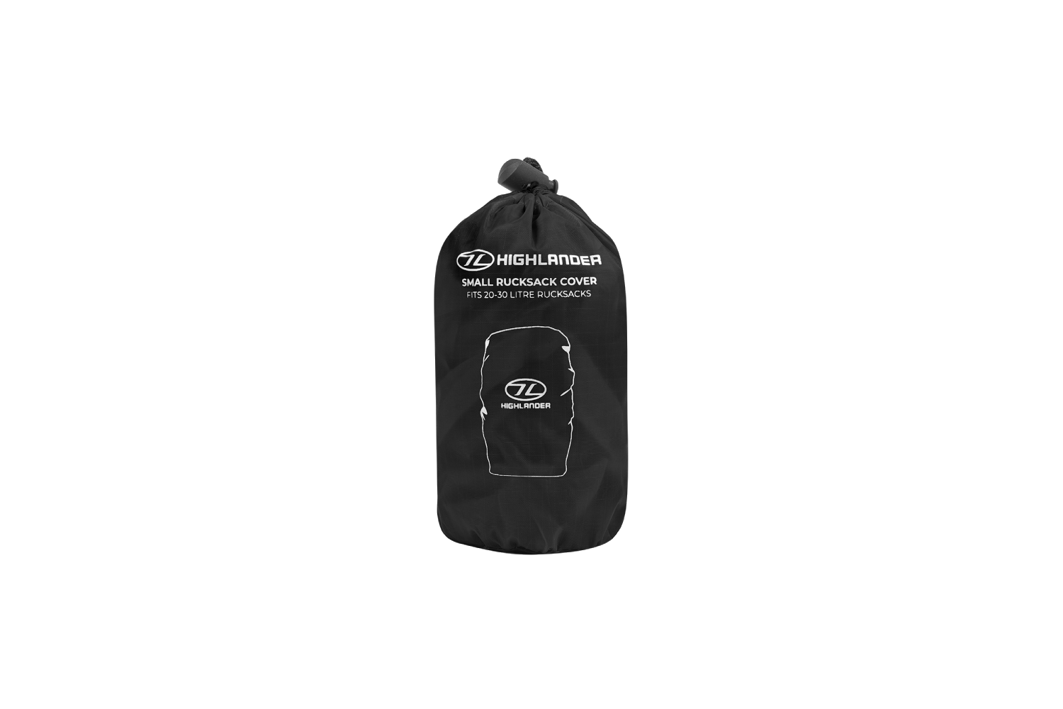 Schwarze Highlander-Rucksackhülle für kleine Rucksäcke in einer Aufbewahrungstasche, passend für 20–30-Liter-Rucksäcke für Outdoor-Ausrüstung.