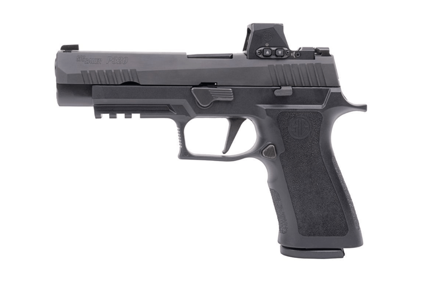 Schwarze halbautomatische Sig Sauer P320-Pistole mit montiertem Leuchtpunktvisier und integriertem Zubehörschienensystem.