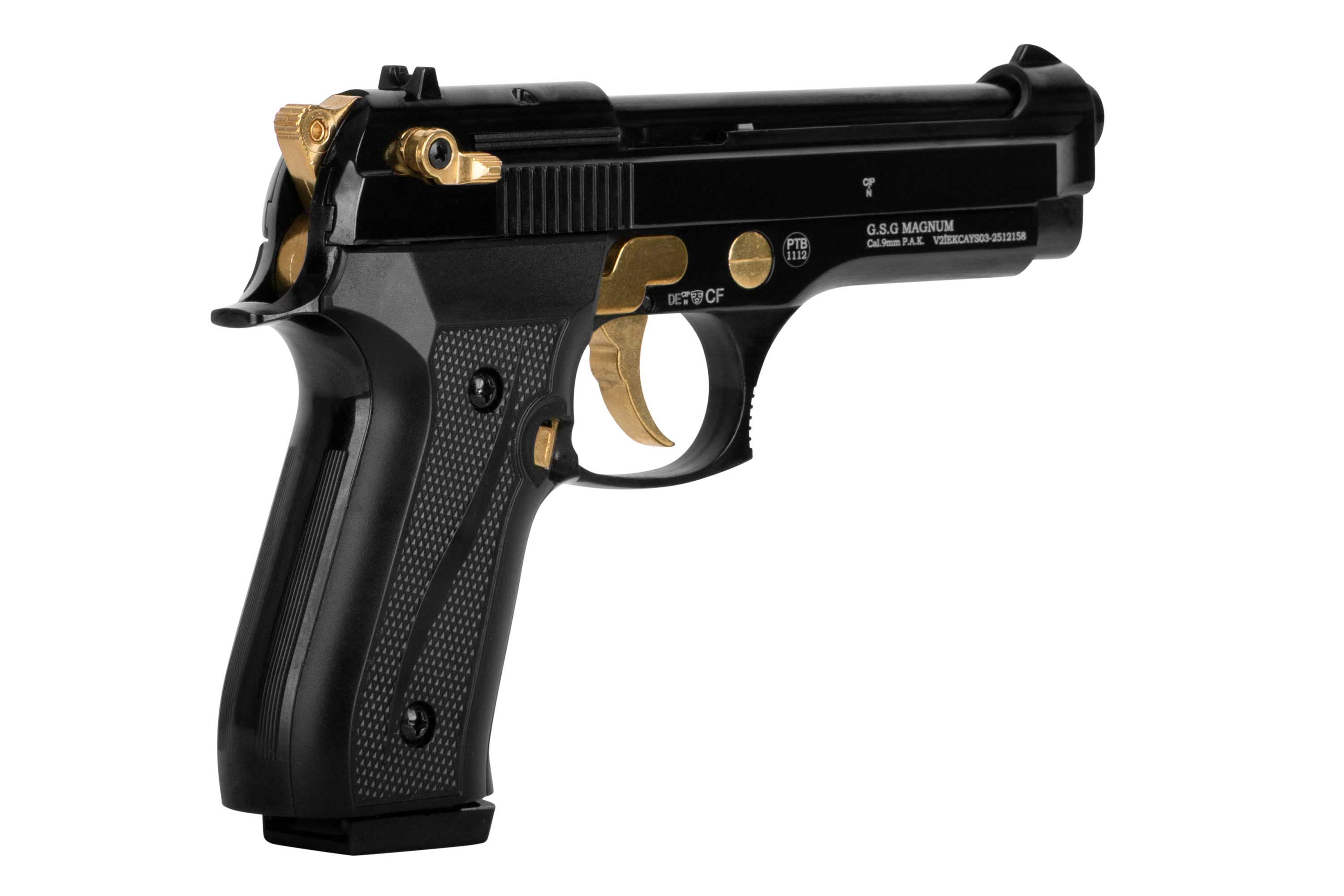 G.S.G. Magnum-Luftpistole mit schwarzem Finish und goldenen Akzenten, ideal für Liebhaber des Scheibenschießens.