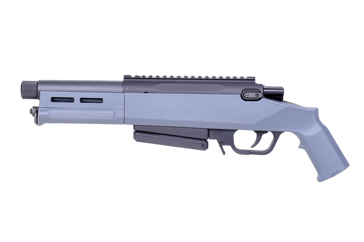Graues Luftgewehr im taktischen Design mit einer oberen Schiene für die Optik und einem abnehmbaren Magazin.