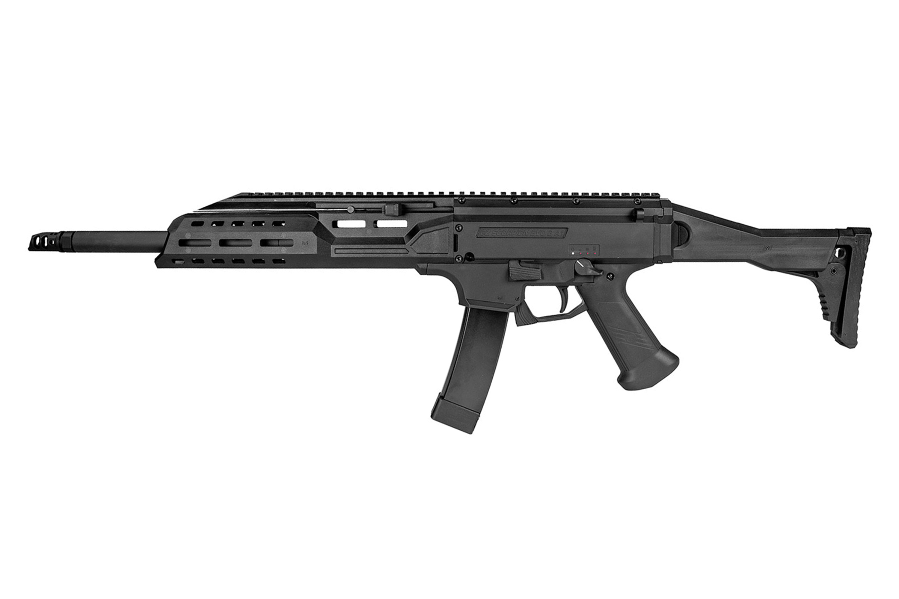 Schwarzer Airsoft-Karabiner CZ Scorpion EVO 3 A1 mit taktischer Schiene, Polymergehäuse und verstellbarem Schaft auf weißem Hintergrund.