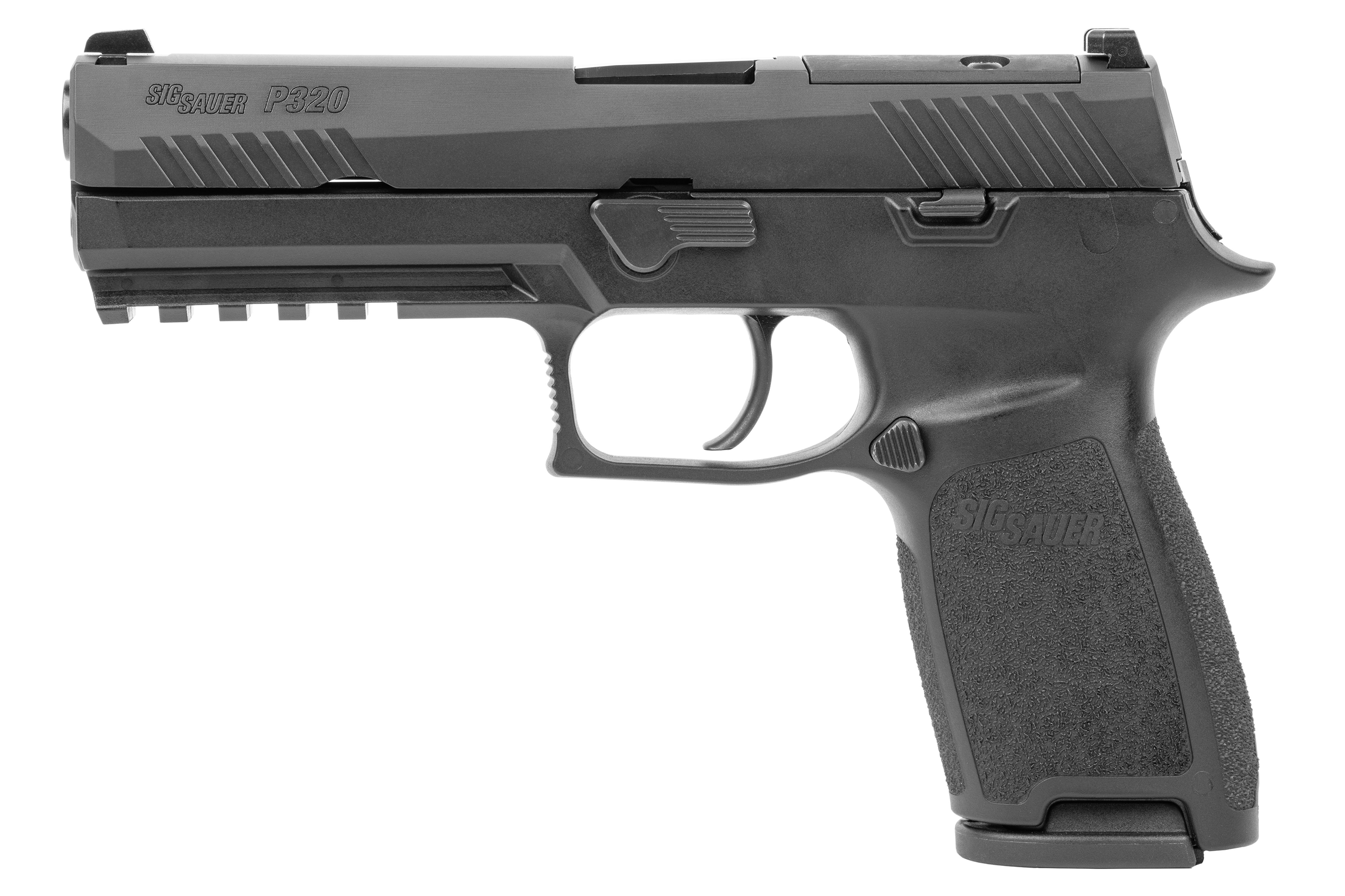 SIG Sauer P320 Luftpistole in Schwarz mit strukturiertem Griff und Zubehörschiene für Anbauteile.