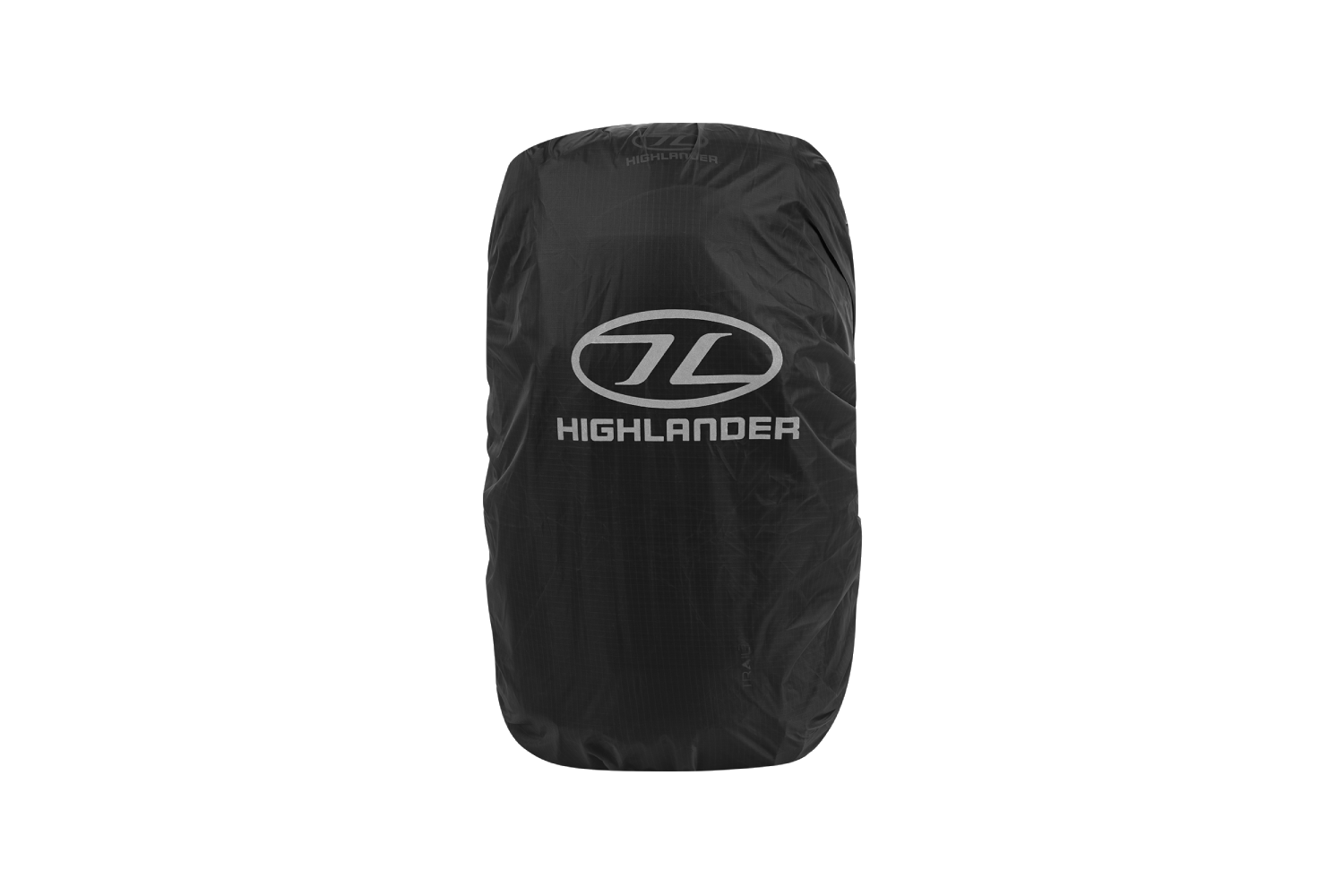Schwarzer wasserdichter Rucksack-Regenüberzug von Highlander mit weißem Logo, entworfen für Schutz und Haltbarkeit der Outdoor-Ausrüstung.