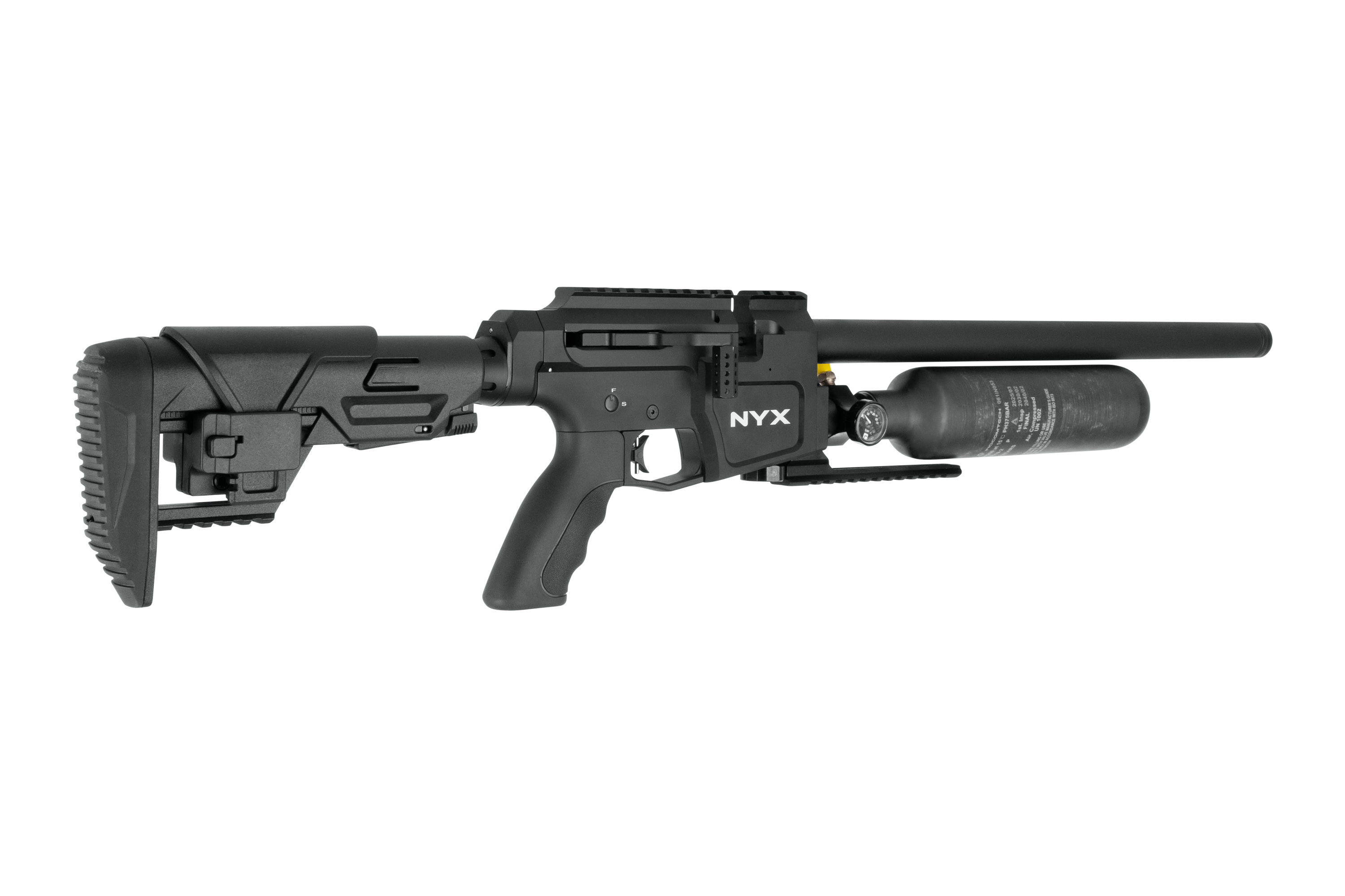 NYX-Luftgewehr mit verstellbarem Schaft, schwarzem Finish und integriertem Luftzylinder für verbesserte Leistung.