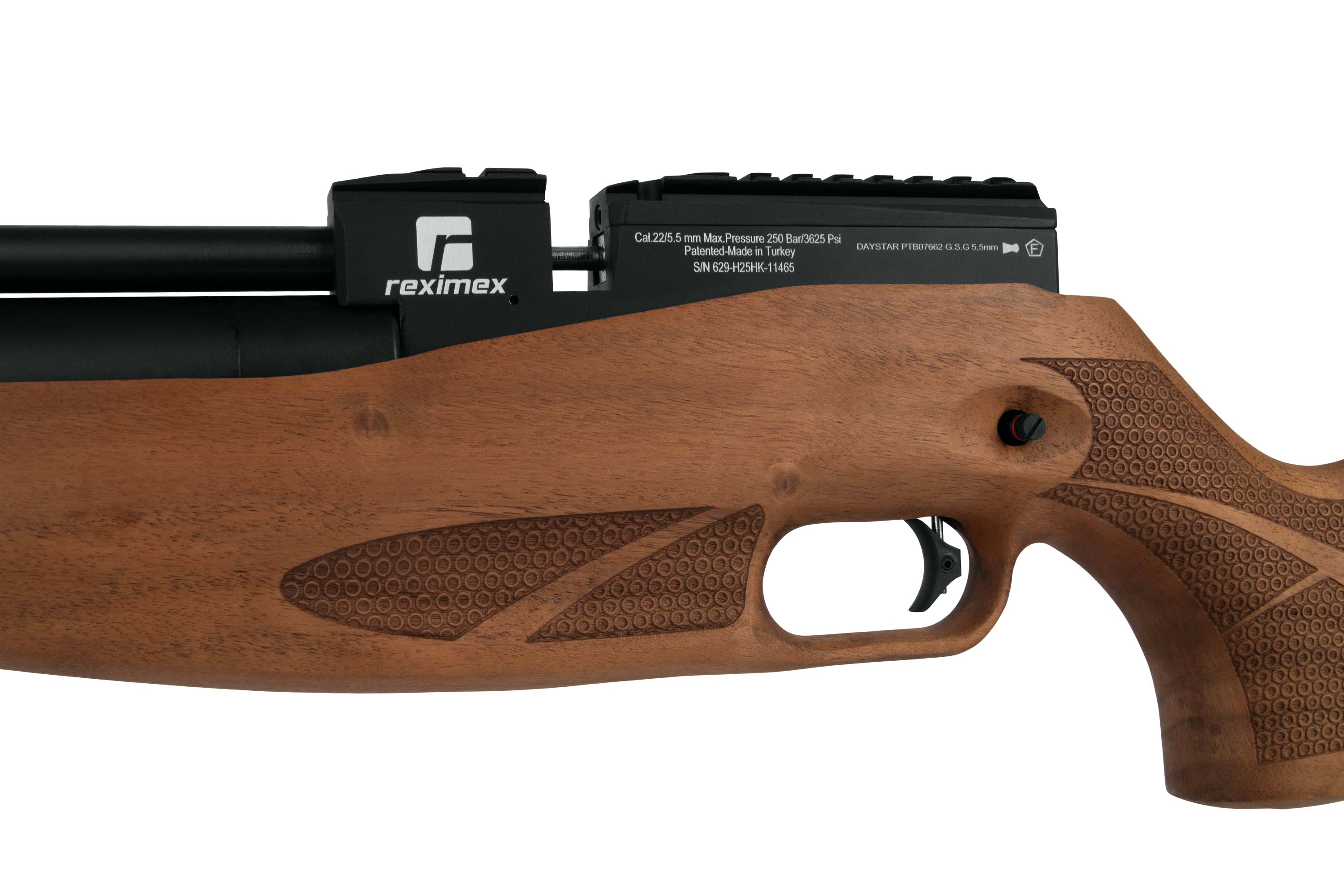 Reximex-Luftgewehr mit Holzschaft, schwarzem Lauf und verstellbarem Abzug für präzises Schießen.