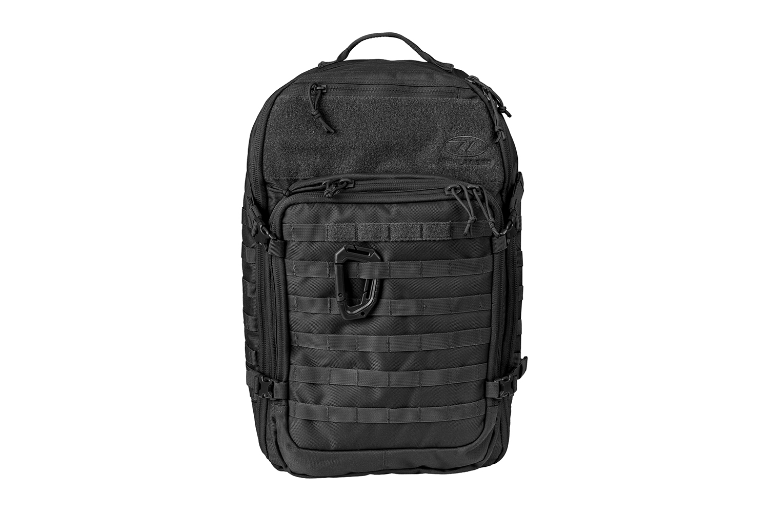 Schwarzer taktischer Rucksack mit MOLLE-Gurtband, einem Karabiner vorne und einem Klettverschluss oben zur Aufbewahrung von Ausrüstung und Ausrüstung.