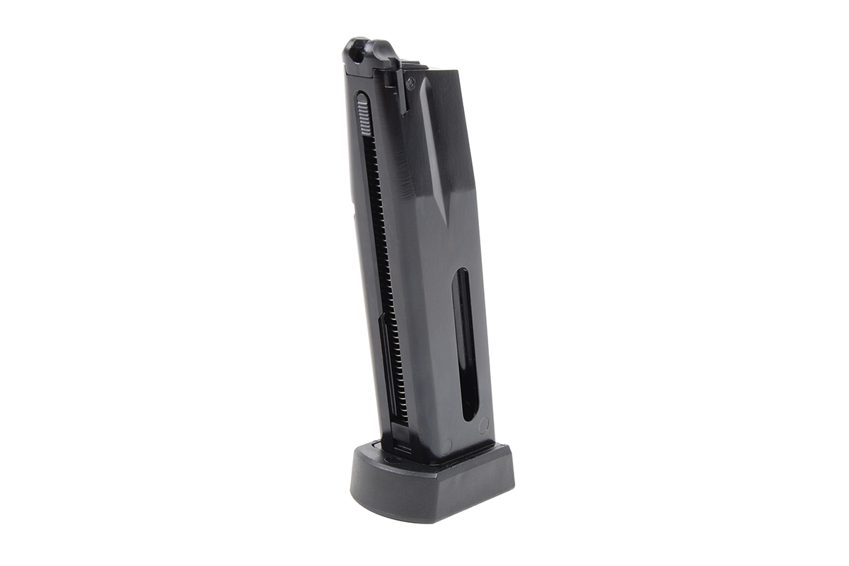 Schwarzes Luftpistolenmagazin aus Metall mit Polymer-Grundplatte, aufrecht stehend vor einem sauberen weißen Hintergrund.