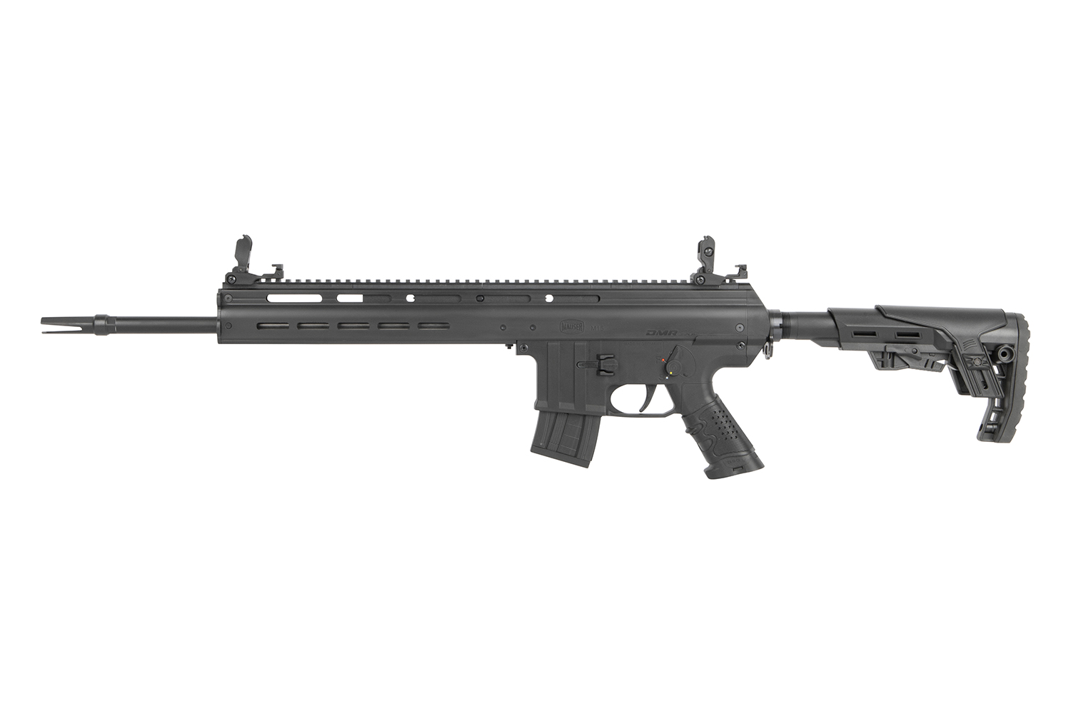 Schwarzes Luftgewehr Umarex HK416 DMR mit langem Lauf, verstellbarem Schaft und Oberschiene, isoliert auf weißem Hintergrund.