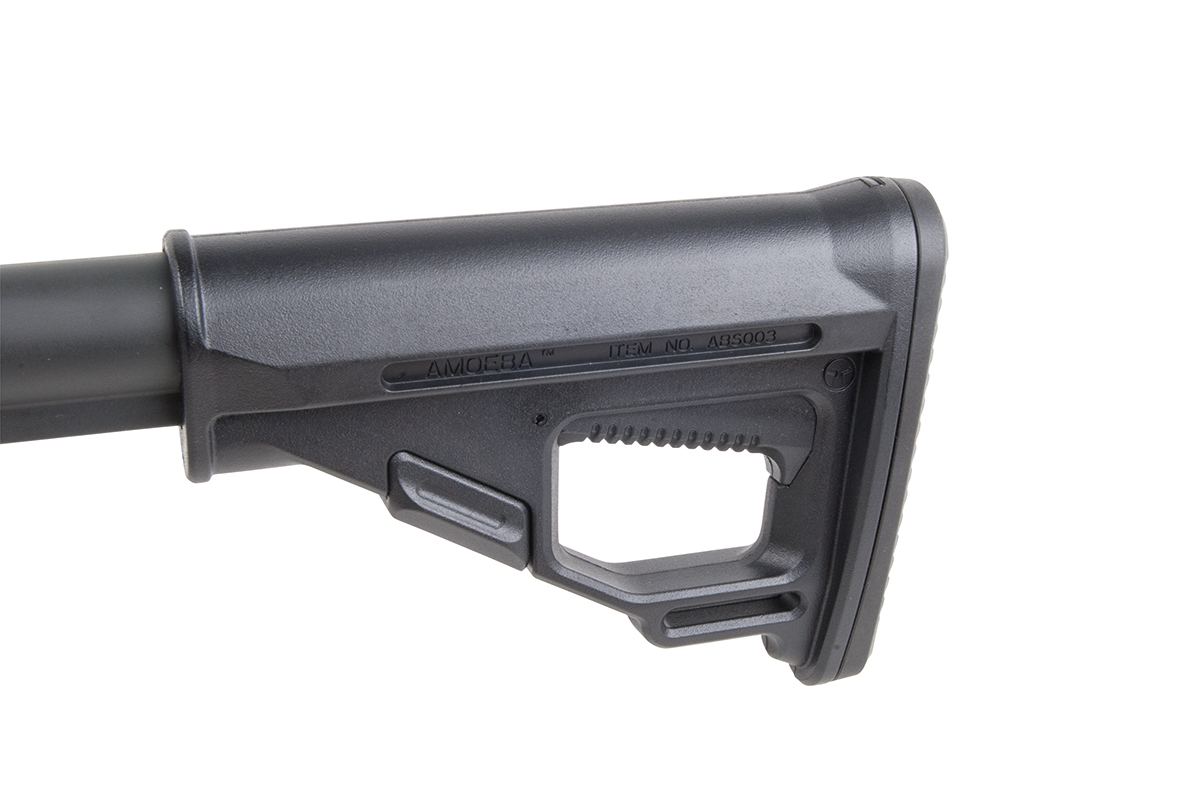 Schwarzer Amoeba ABS003 verstellbarer Gewehrschaft für Airsoft-Waffen mit langlebigem Polymerdesign und ergonomischer Form.