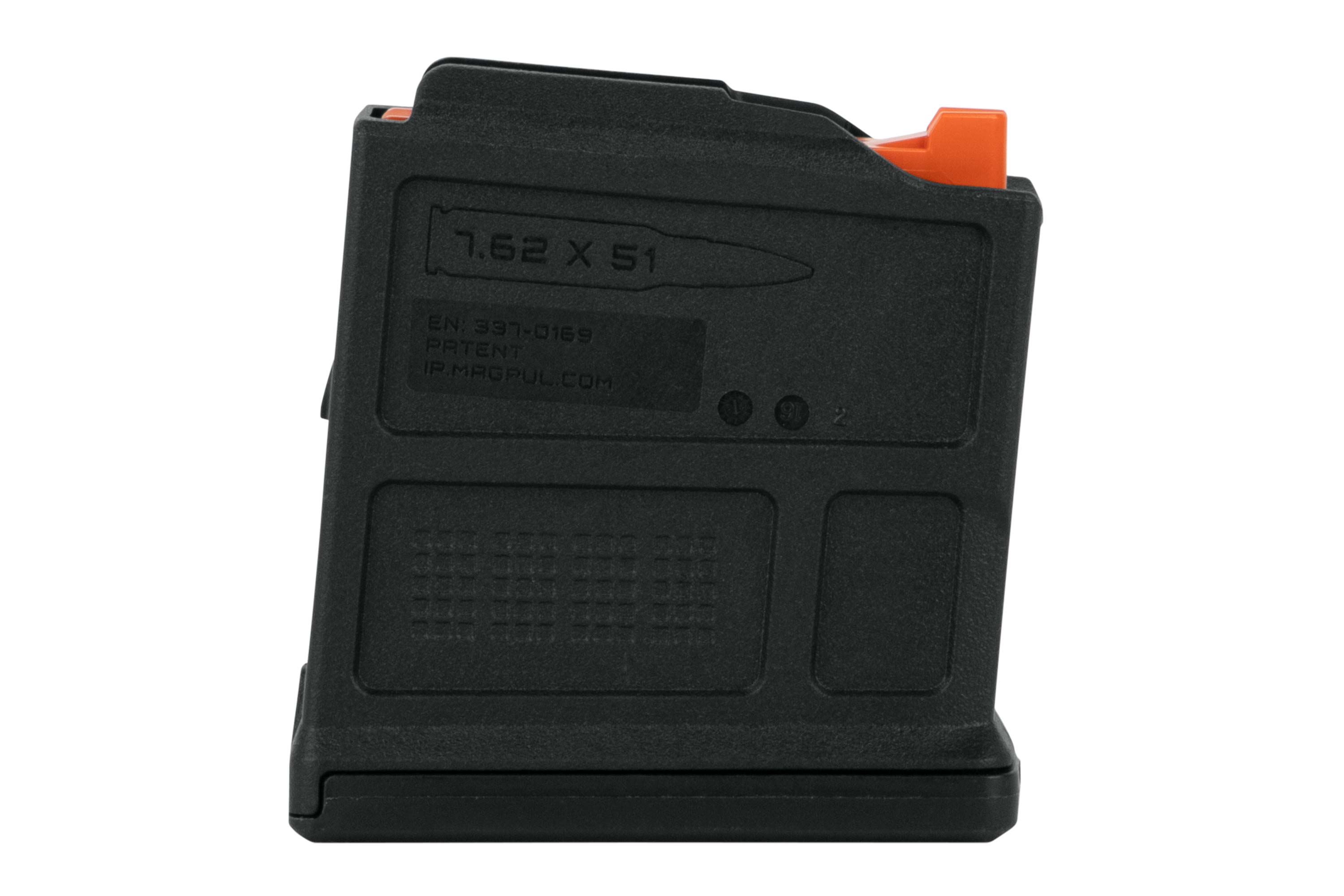 Schwarzes Magpul PMAG 7,62x51 Polymermagazin für Gewehre mit robustem Design und orangefarbenem Follower für gute Sichtbarkeit.