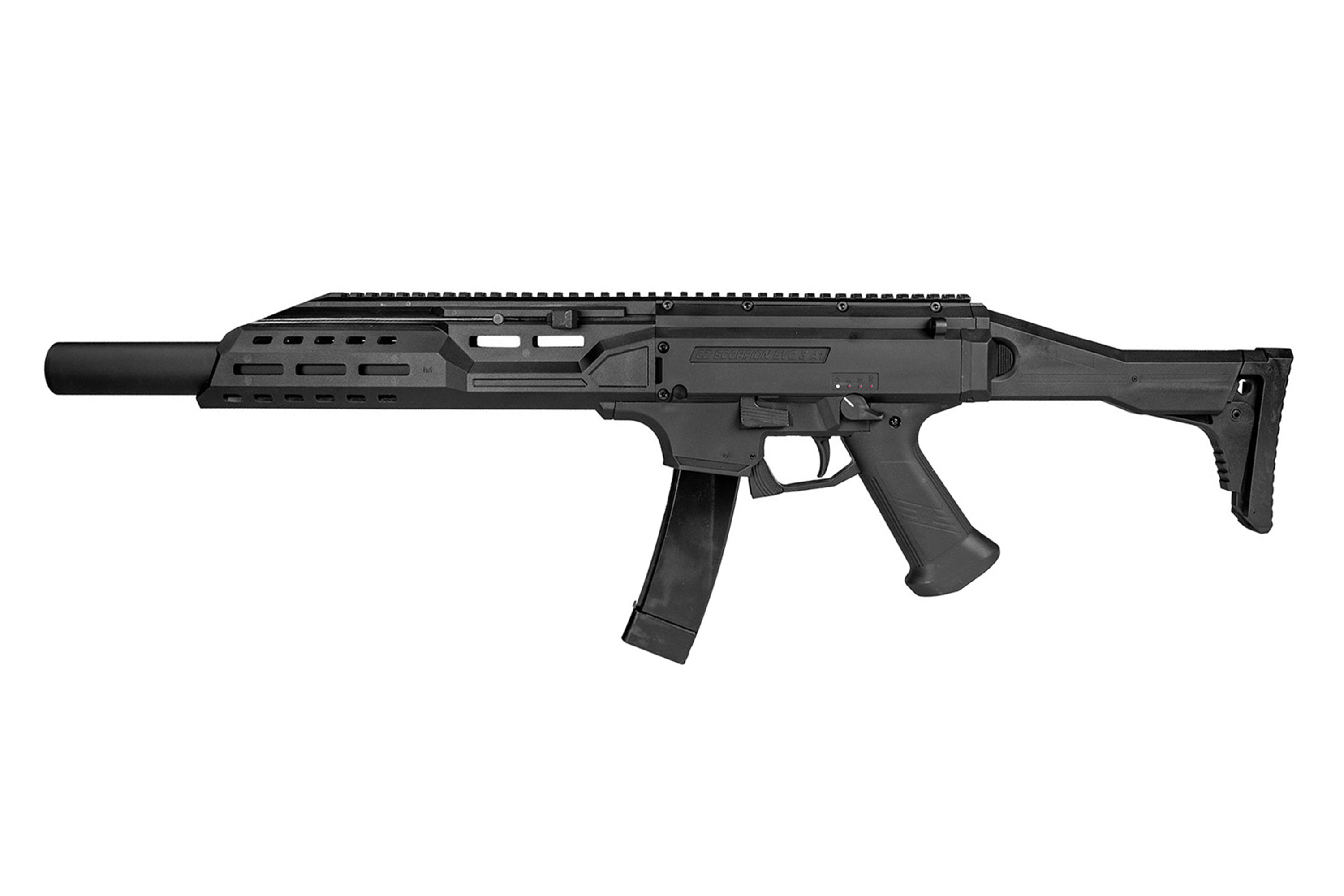 Schwarze CZ Scorpion EVO 3 A1 Airsoft-Maschinenpistole mit taktischem Schienensystem und verstellbarem Schaft auf weißem Hintergrund.