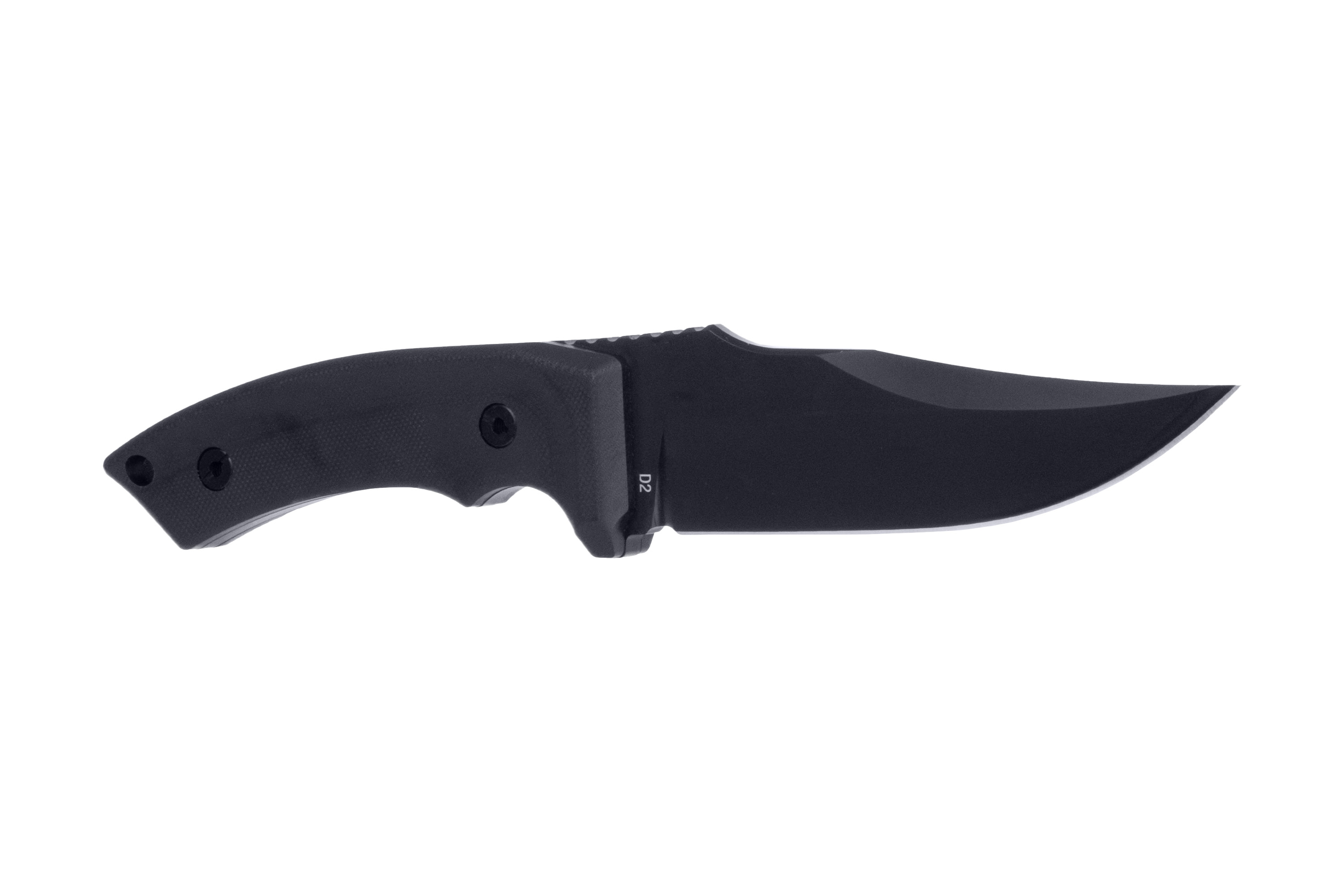 Taktisches Messer mit feststehender Klinge, schwarzer Drop-Point-Klinge aus D2-Stahl und ergonomischem schwarzem Griff für Outdoor-Aktivitäten.