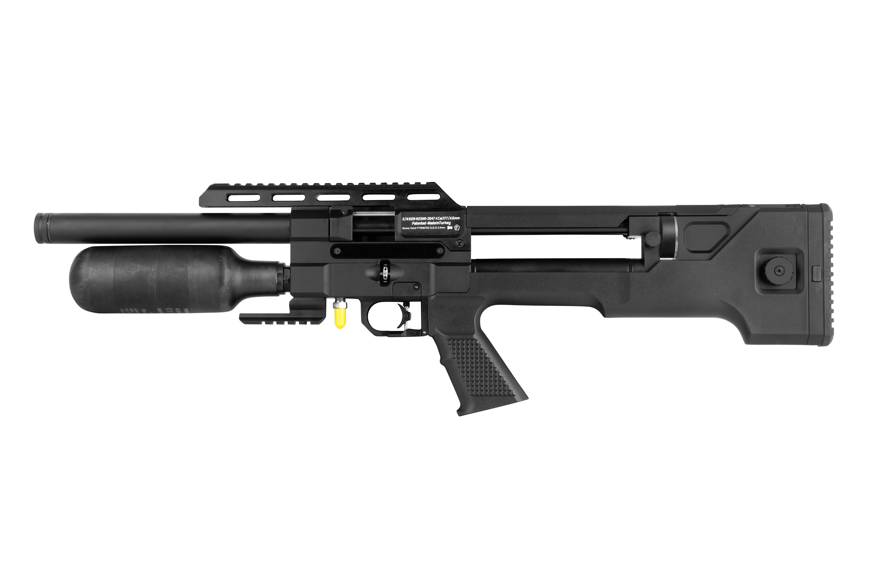Schwarzes Luftgewehr mit taktischem Design, verstellbarem Schaft und integriertem Lufttank für präzises Schießen.