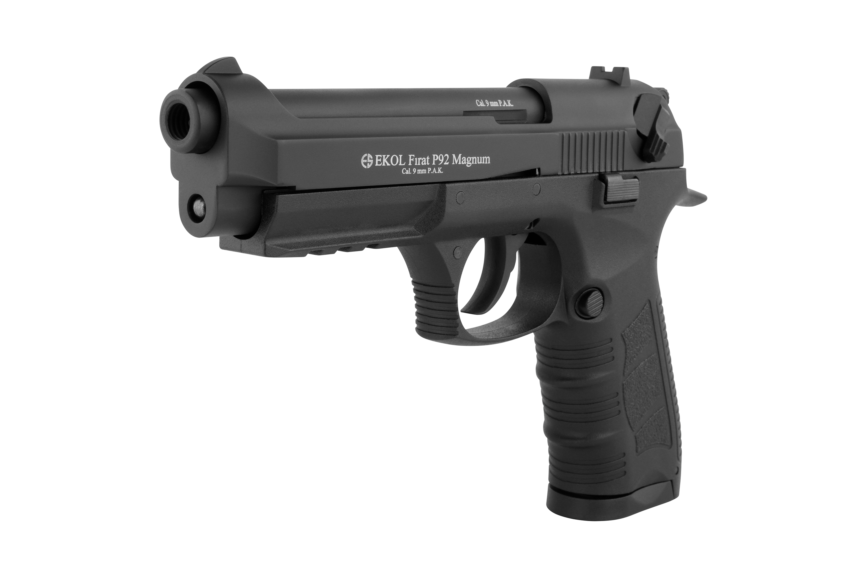 EKOL Firat P92 Magnum Luftpistole in Schwarz mit strukturiertem Griff und taktischem Design.