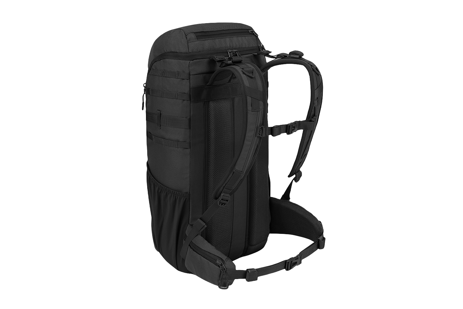 Schwarzer taktischer Rucksack mit verstellbaren Schultergurten, gepolstertem Rückenteil und Hüftgurt für den Transport von Outdoor-Ausrüstung.