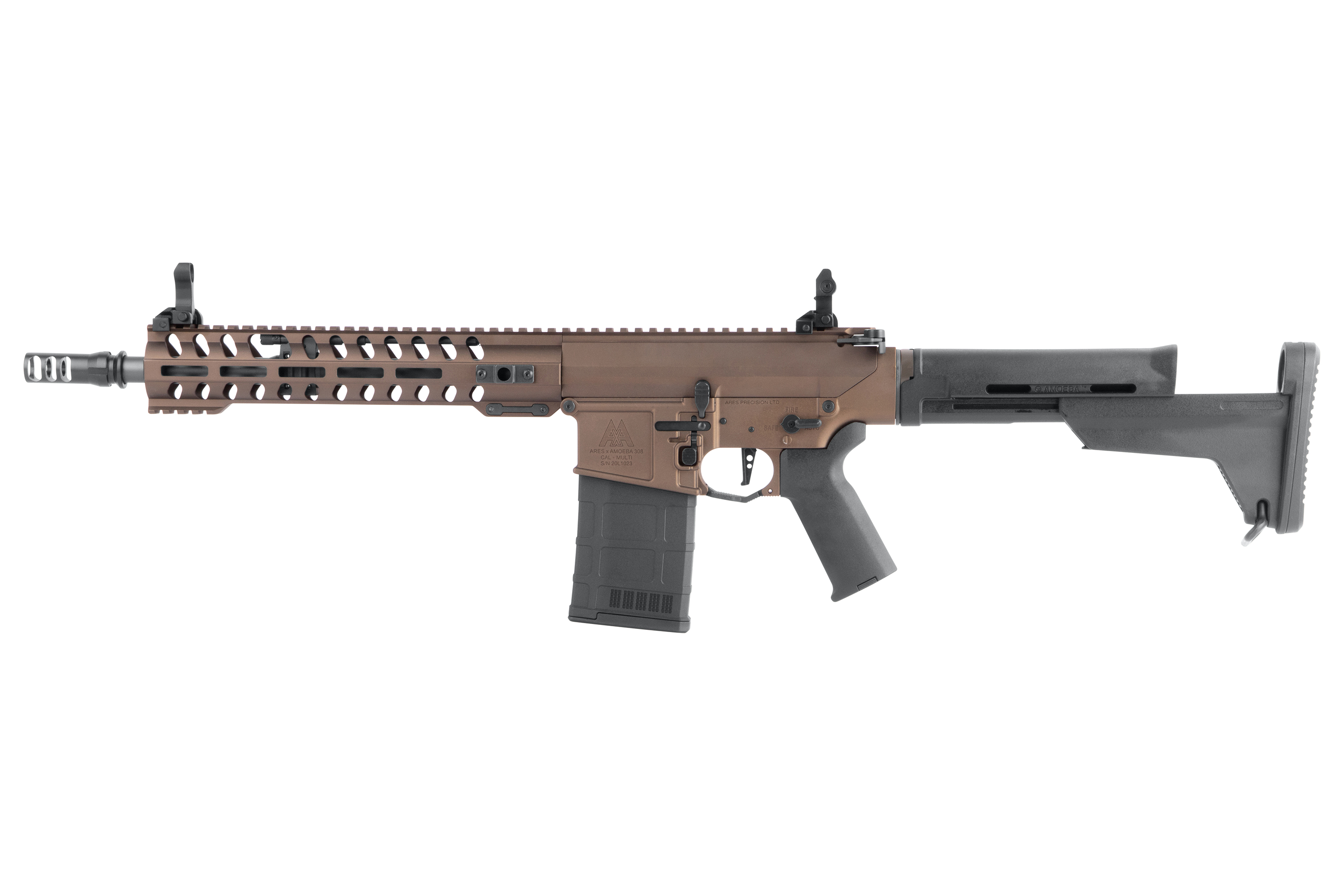 Ares Amoeba AM-014 Airsoft-Gewehr in Bronze mit schwarzem Schaft, modularem Handschutz und taktischer Mündungsbremse.