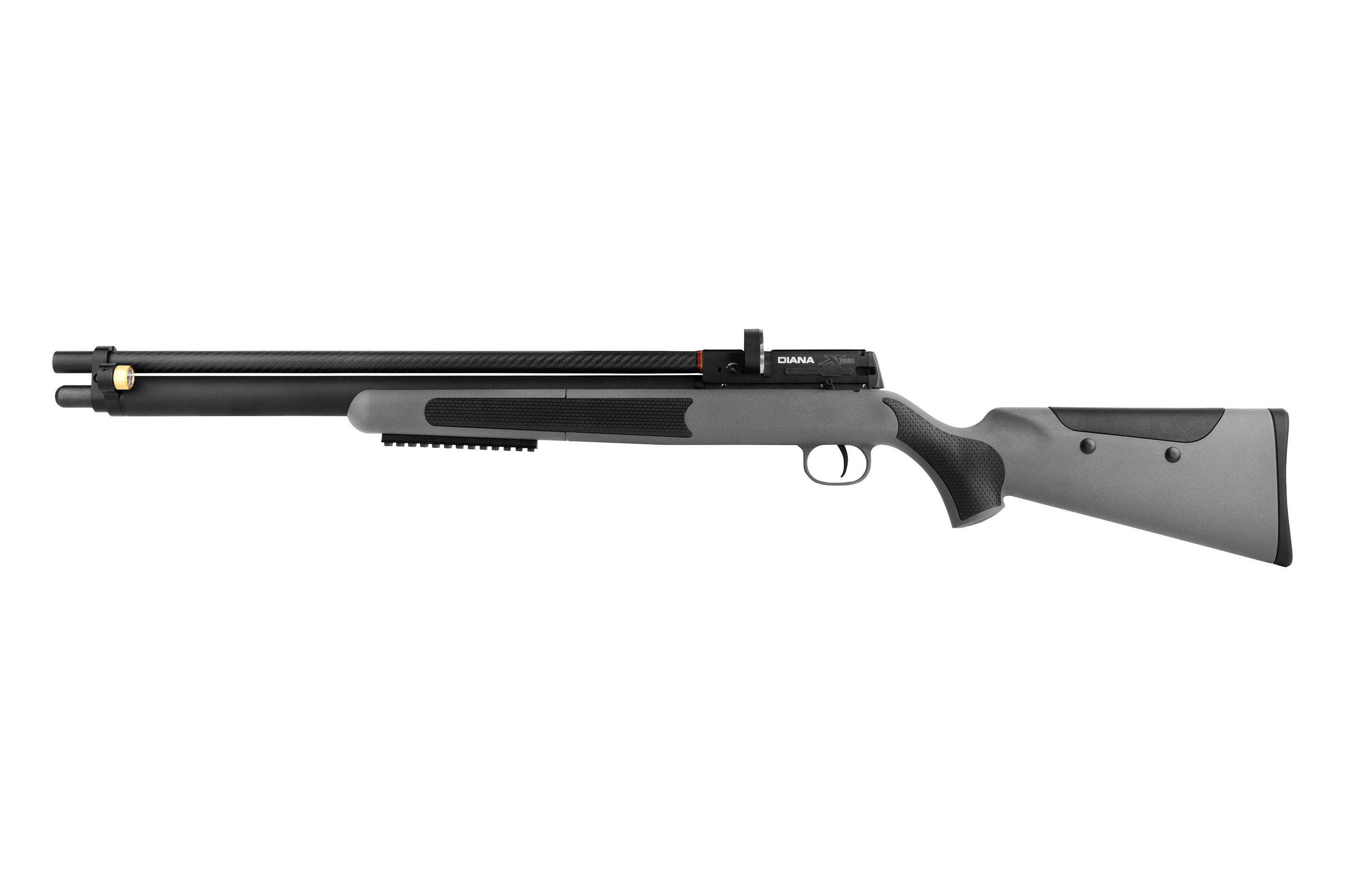 Diana Stormrider PCP-Luftgewehr in Grau mit schwarzem Lauf, Kunststoffschaft und integriertem Zubehörschienensystem.