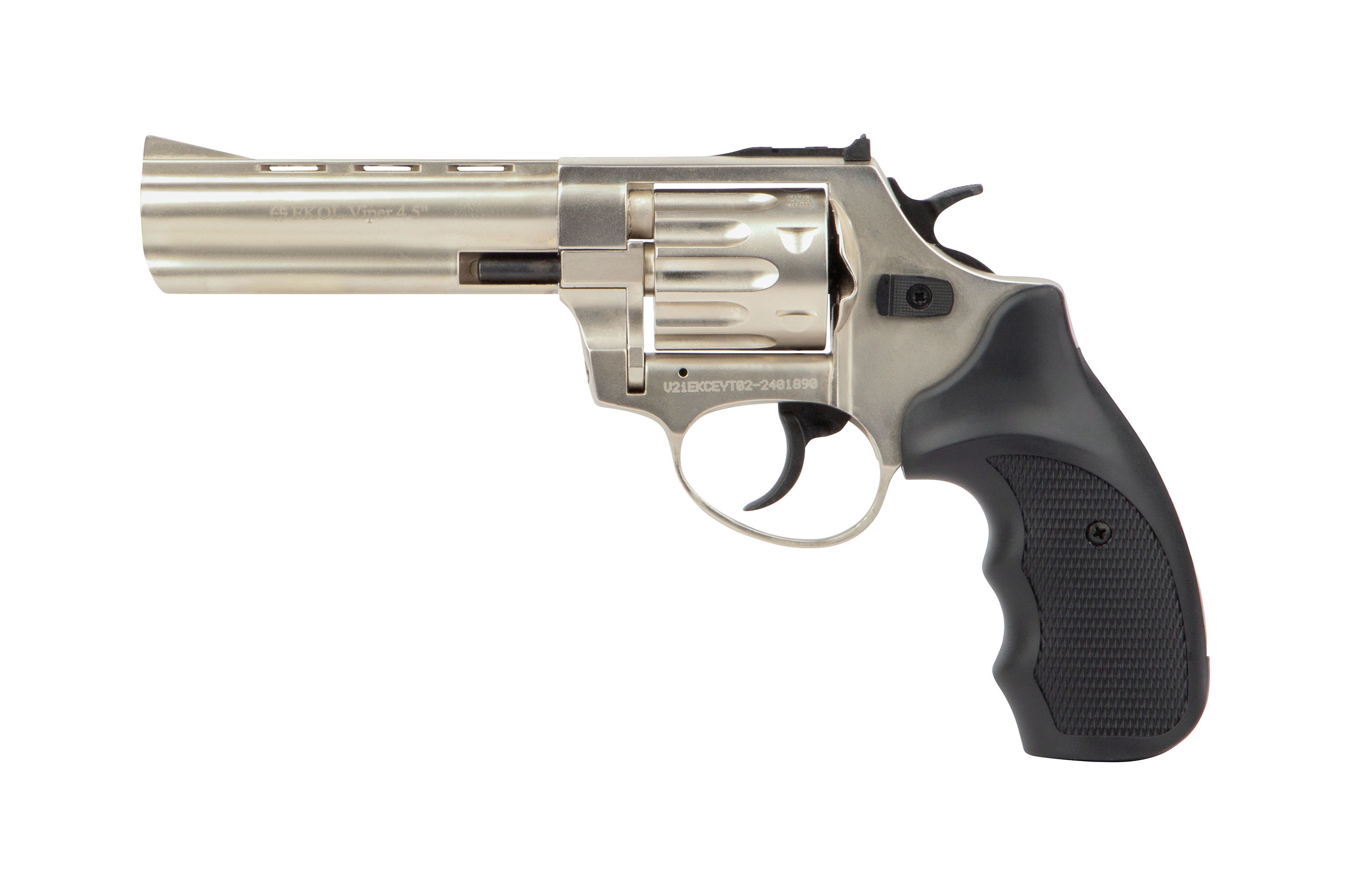 Silberner EKOL Viper 4,5-Zoll-Gasrevolver mit schwarzem strukturiertem ergonomischem Griff, isoliert auf weißem Hintergrund.