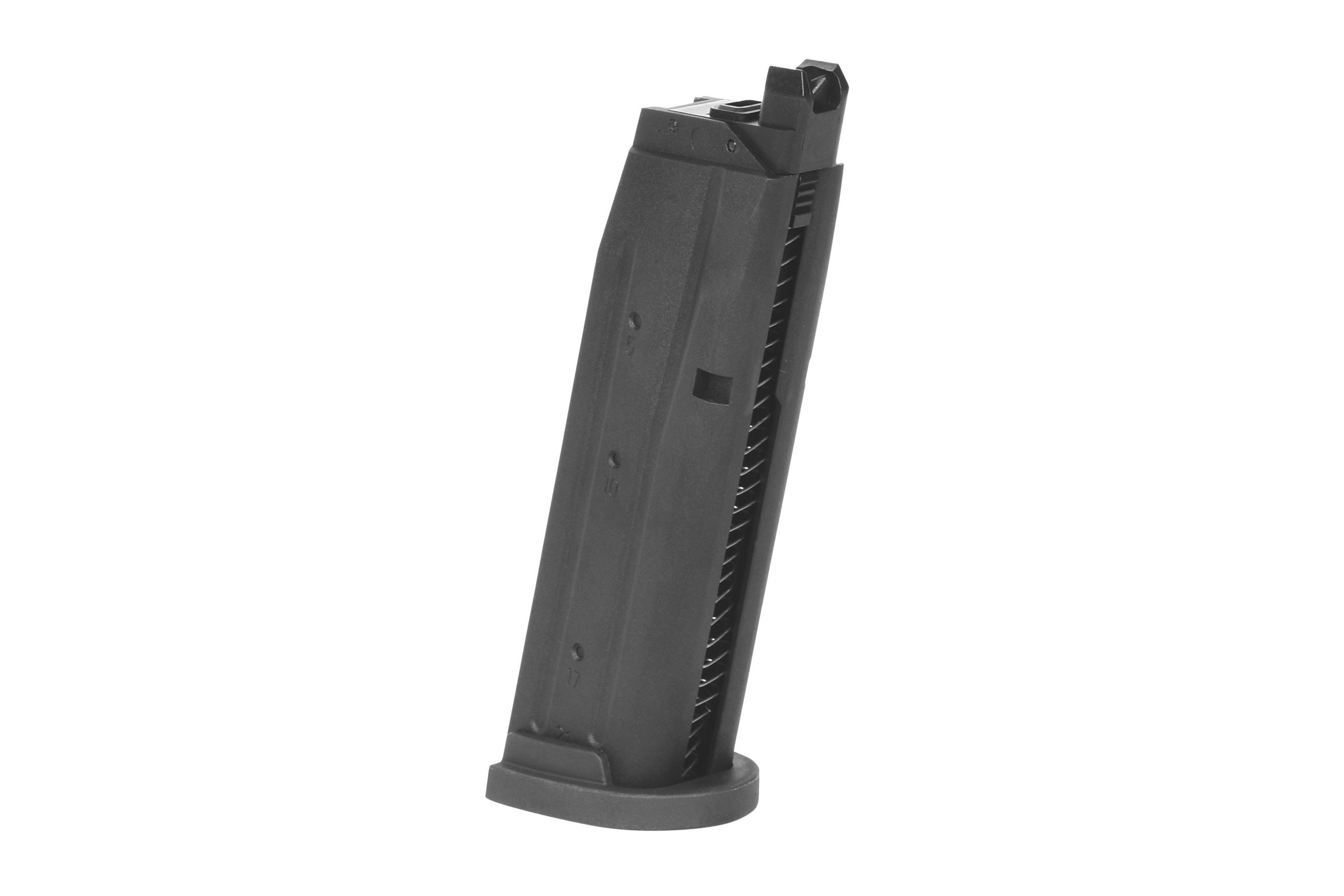 Schwarzes Luftpistolenmagazin aus Metall mit Polymergrundplatte, schräg vor einem sauberen weißen Hintergrund dargestellt.