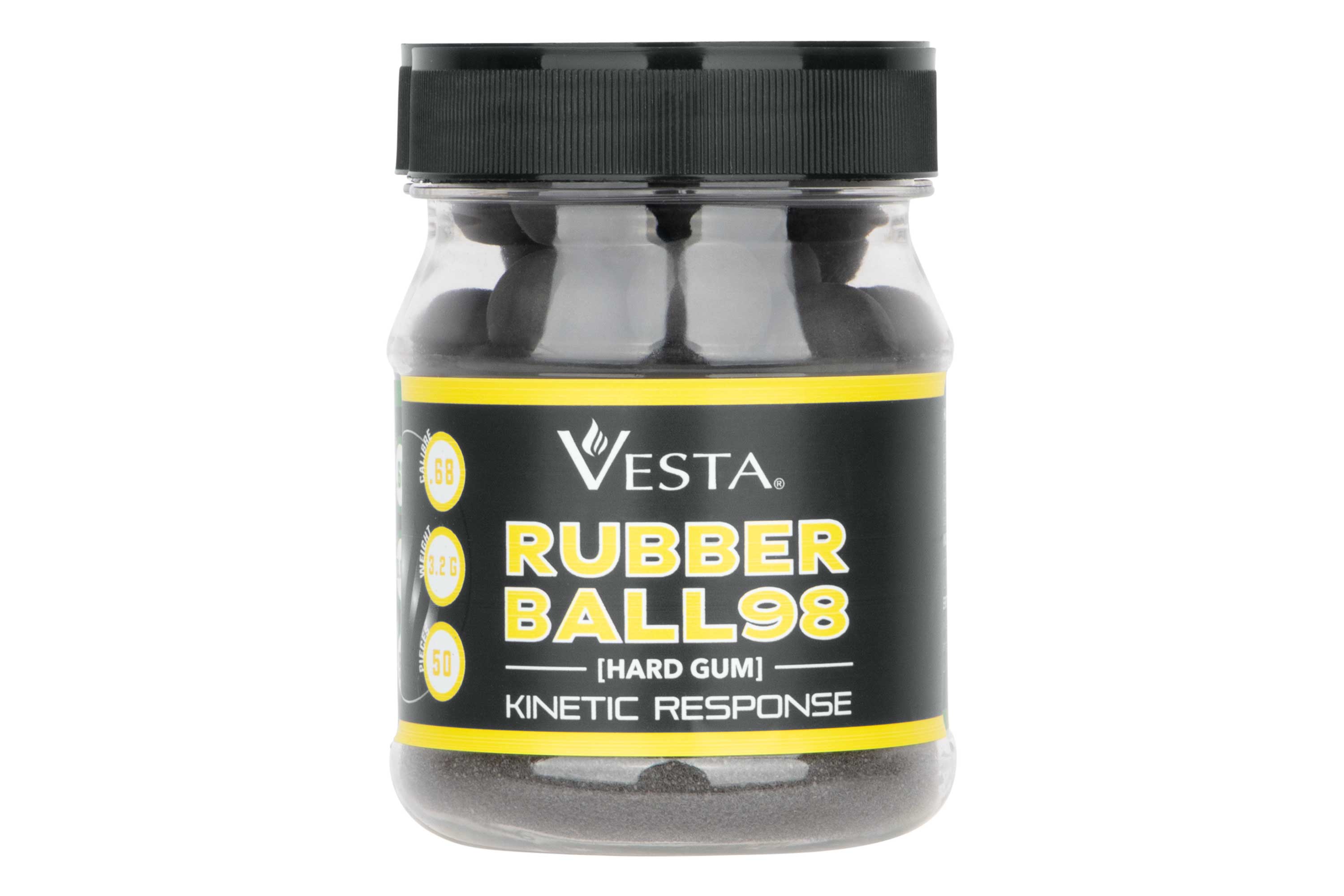 Ein durchsichtiger Plastikbehälter, gefüllt mit schwarzer Vesta Rubber Ball 98 Hartgummimunition mit kinetischer Reaktion für Luftpistolen.