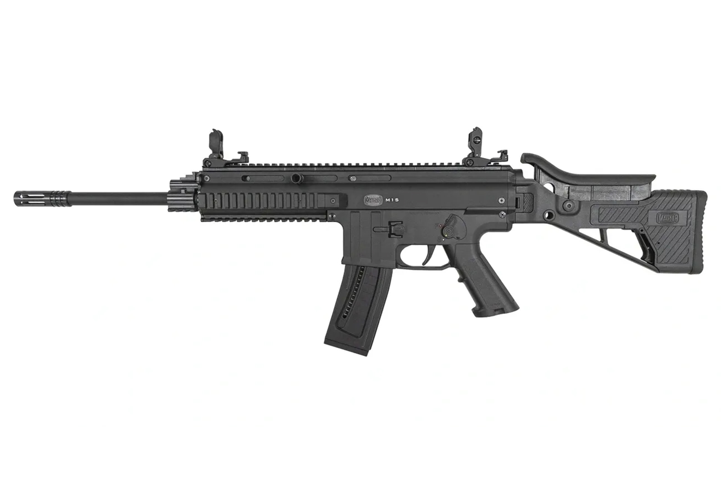 Schwarzes Luftgewehr M15 mit verstellbarem Schaft und Picatinny-Schiene für Optik und Zubehör.