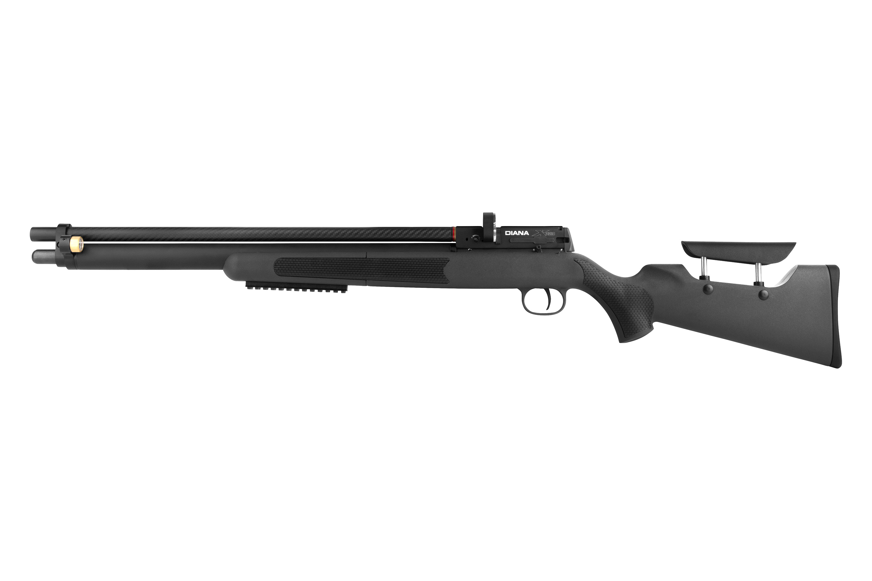 Diana Stormrider PCP-Luftgewehr in Schwarz mit Kunststoffschaft, Lauf in Carbon-Optik und verstellbarer Backe.